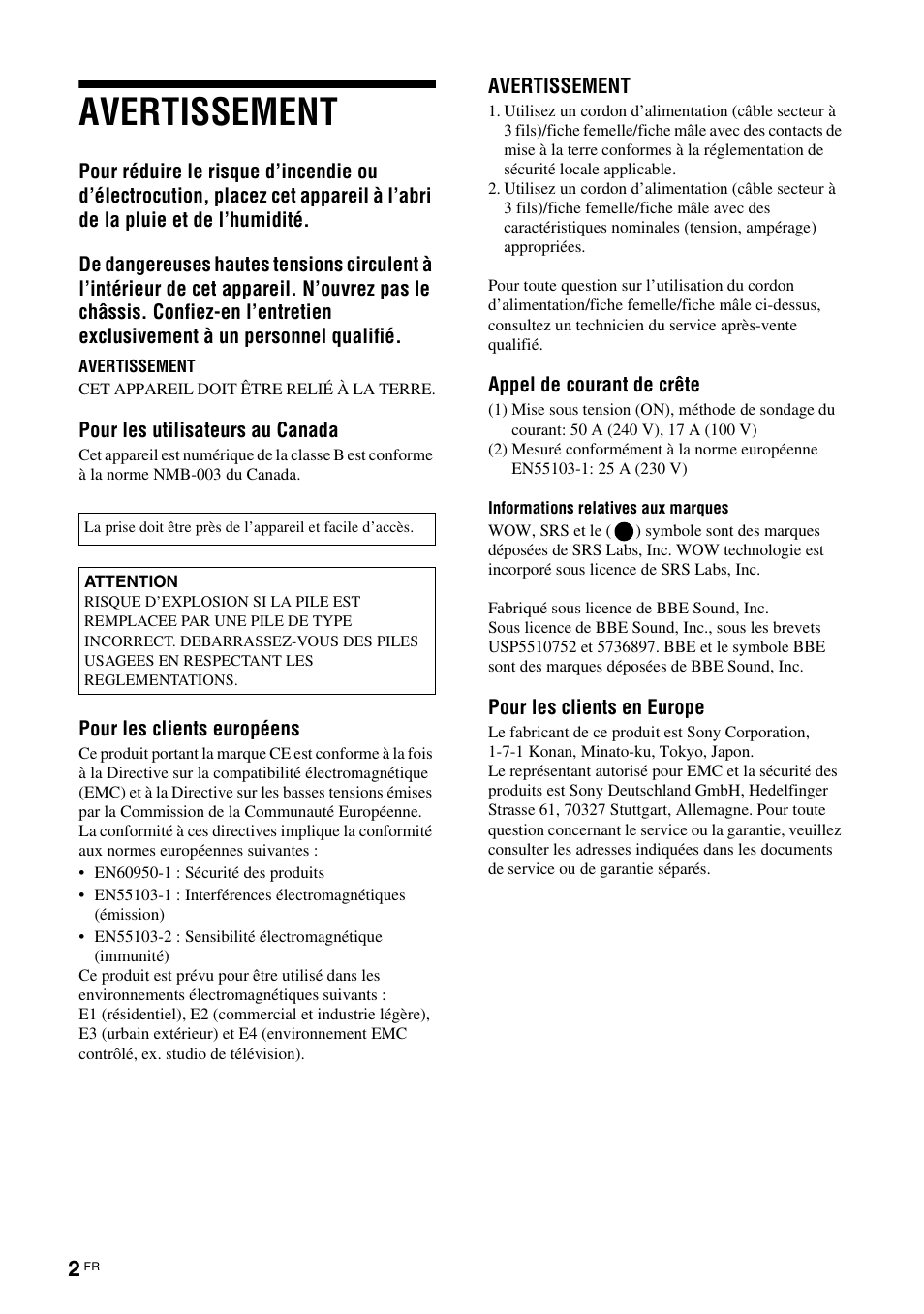 Avertissement | Sony KLH-40X1 User Manual | Page 68 / 227