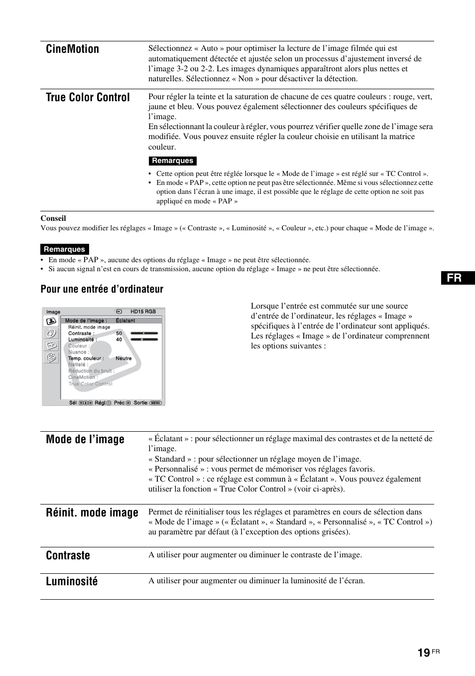 Cinemotion, True color control, Mode de l’image | Réinit. mode image, Contraste, Luminosité, Pour une entrée d’ordinateur | Sony KLH-40X1 User Manual | Page 85 / 227