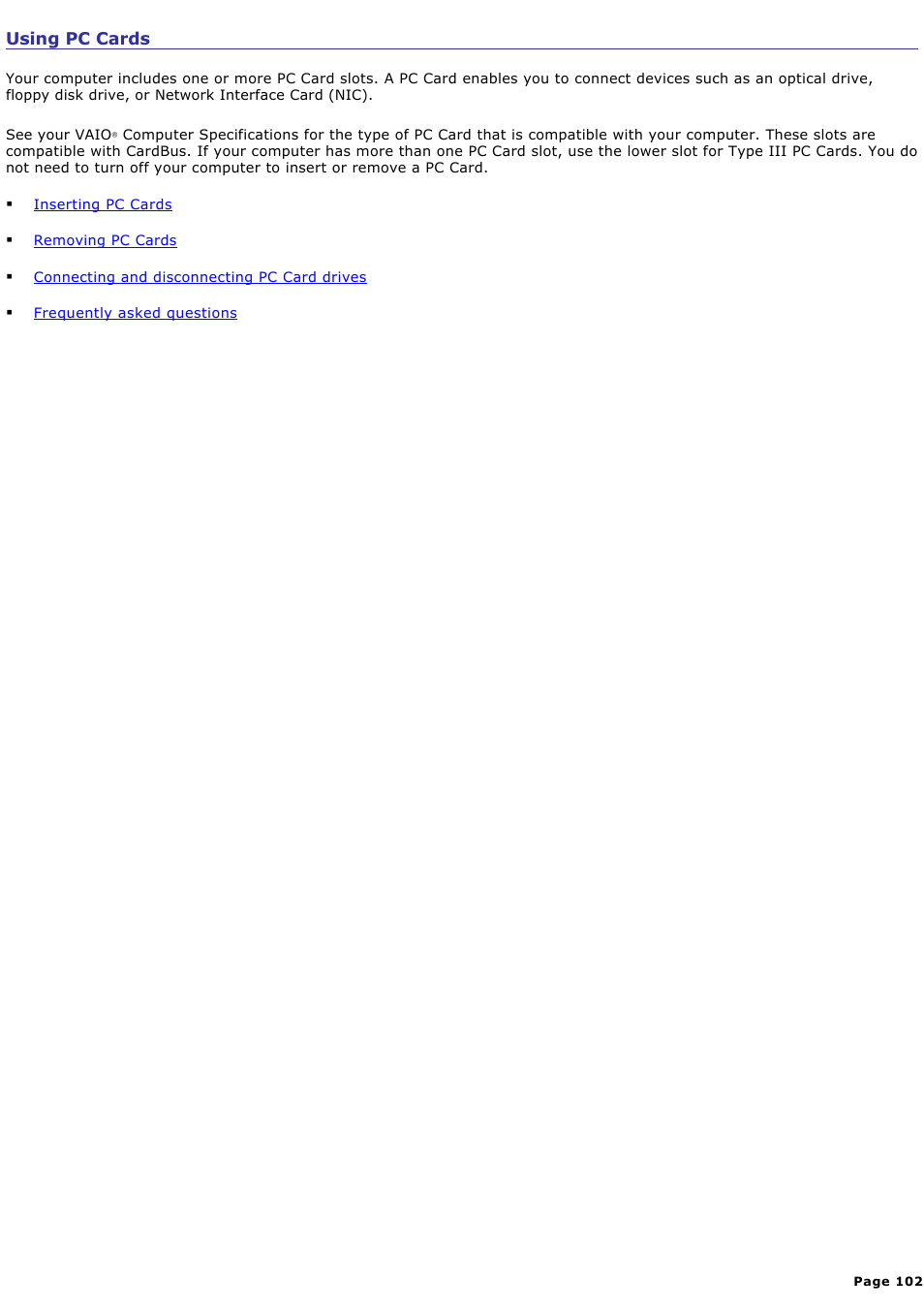 Using pc cards | Sony PCG-V505ECP User Manual | Page 102 / 148