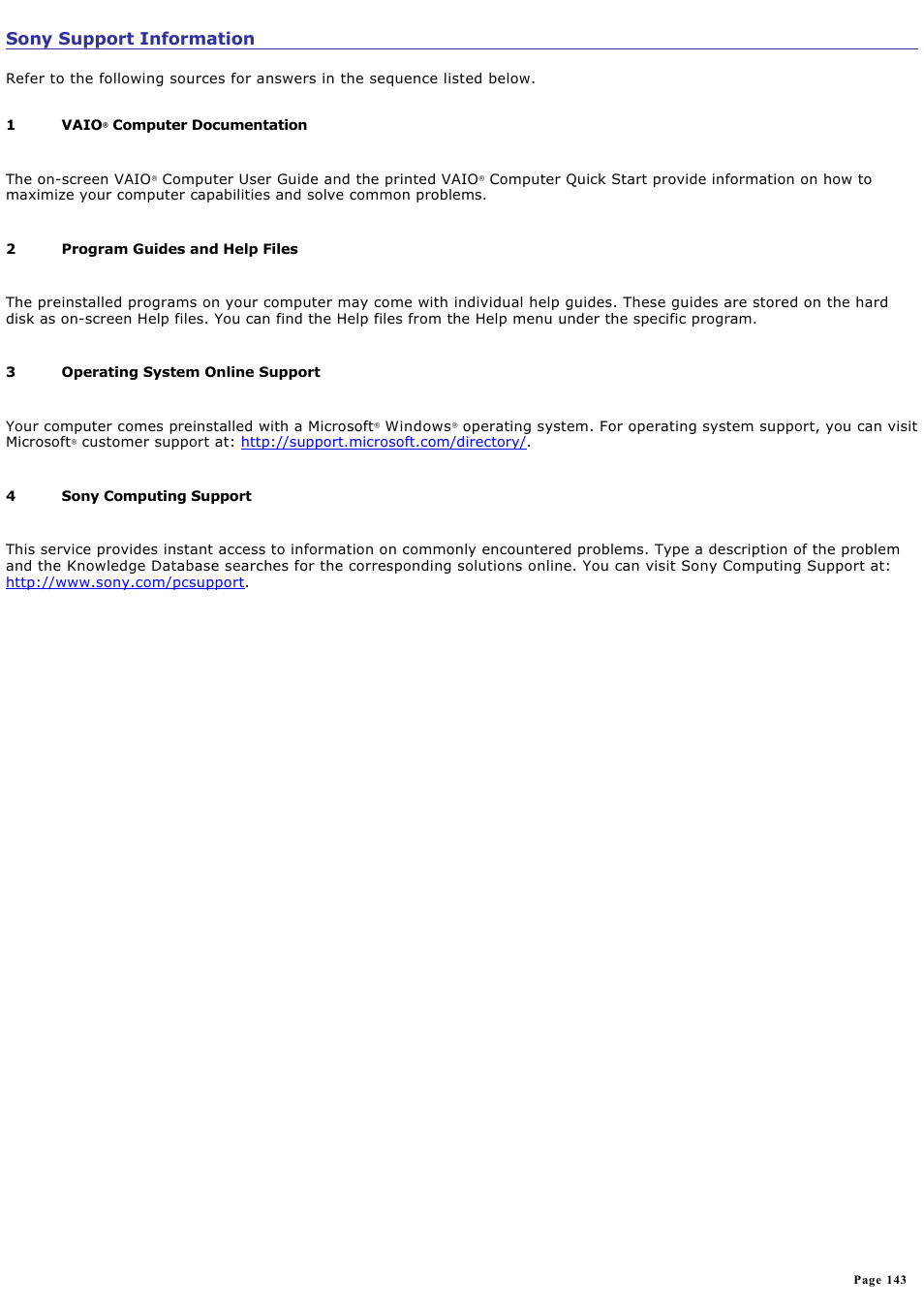 Sony support information | Sony PCG-V505ECP User Manual | Page 143 / 148