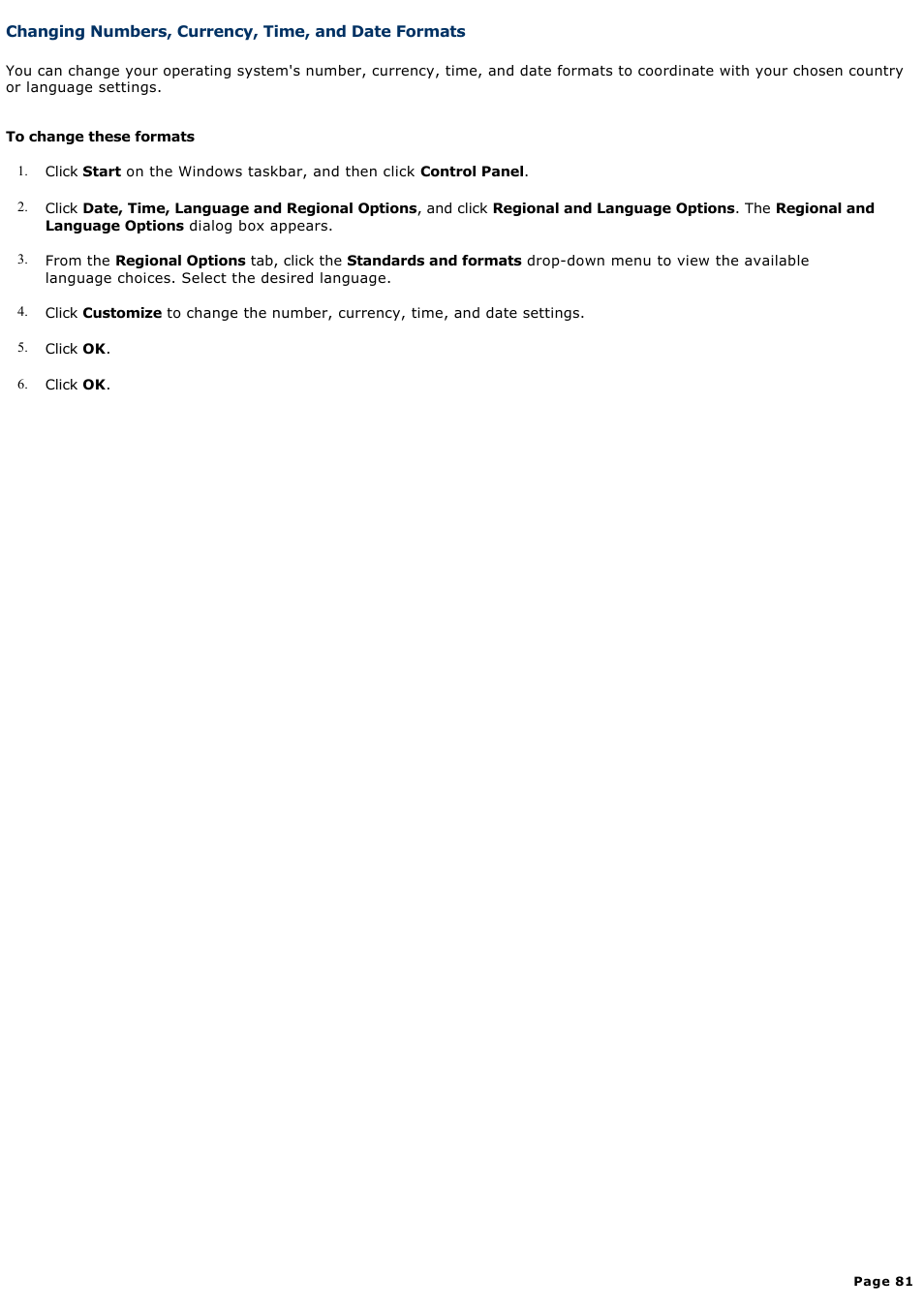 Changing numbers, currency, time, and date formats | Sony PCG-V505ECP User Manual | Page 81 / 148