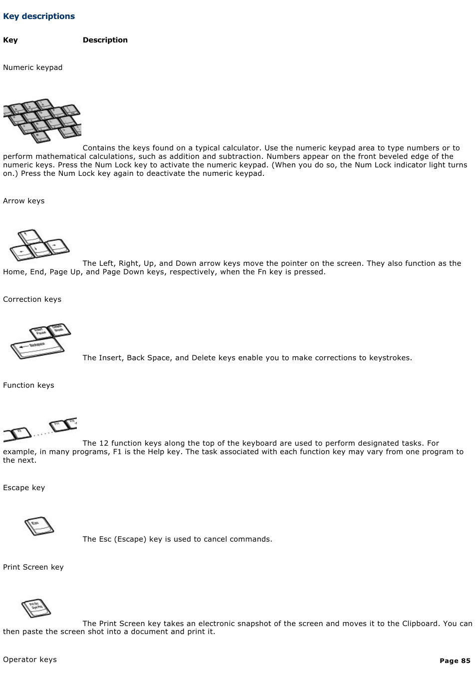 Key descriptions | Sony PCG-V505ECP User Manual | Page 85 / 148