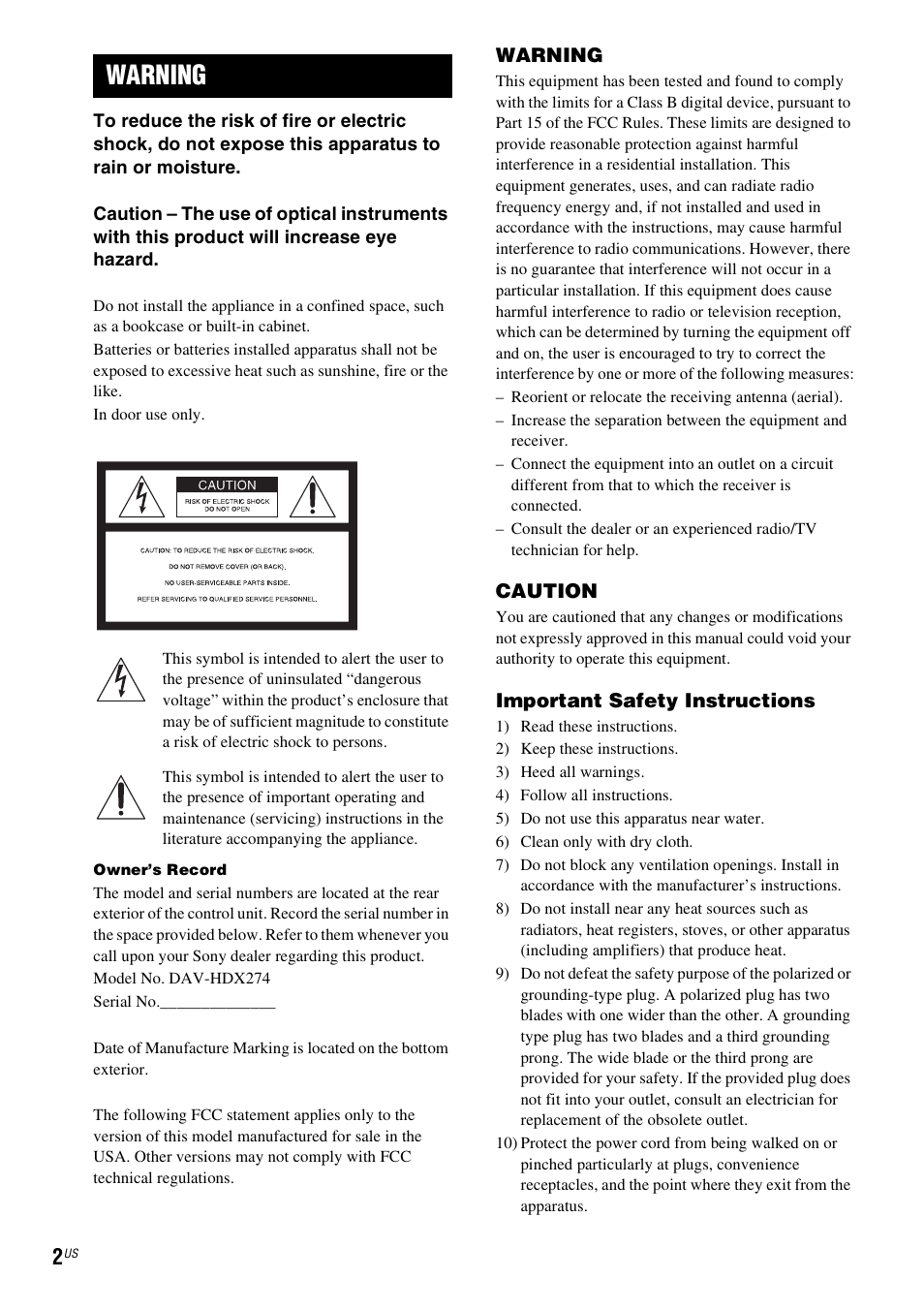 Warning | Sony DAV-HDX274 User Manual | Page 2 / 92