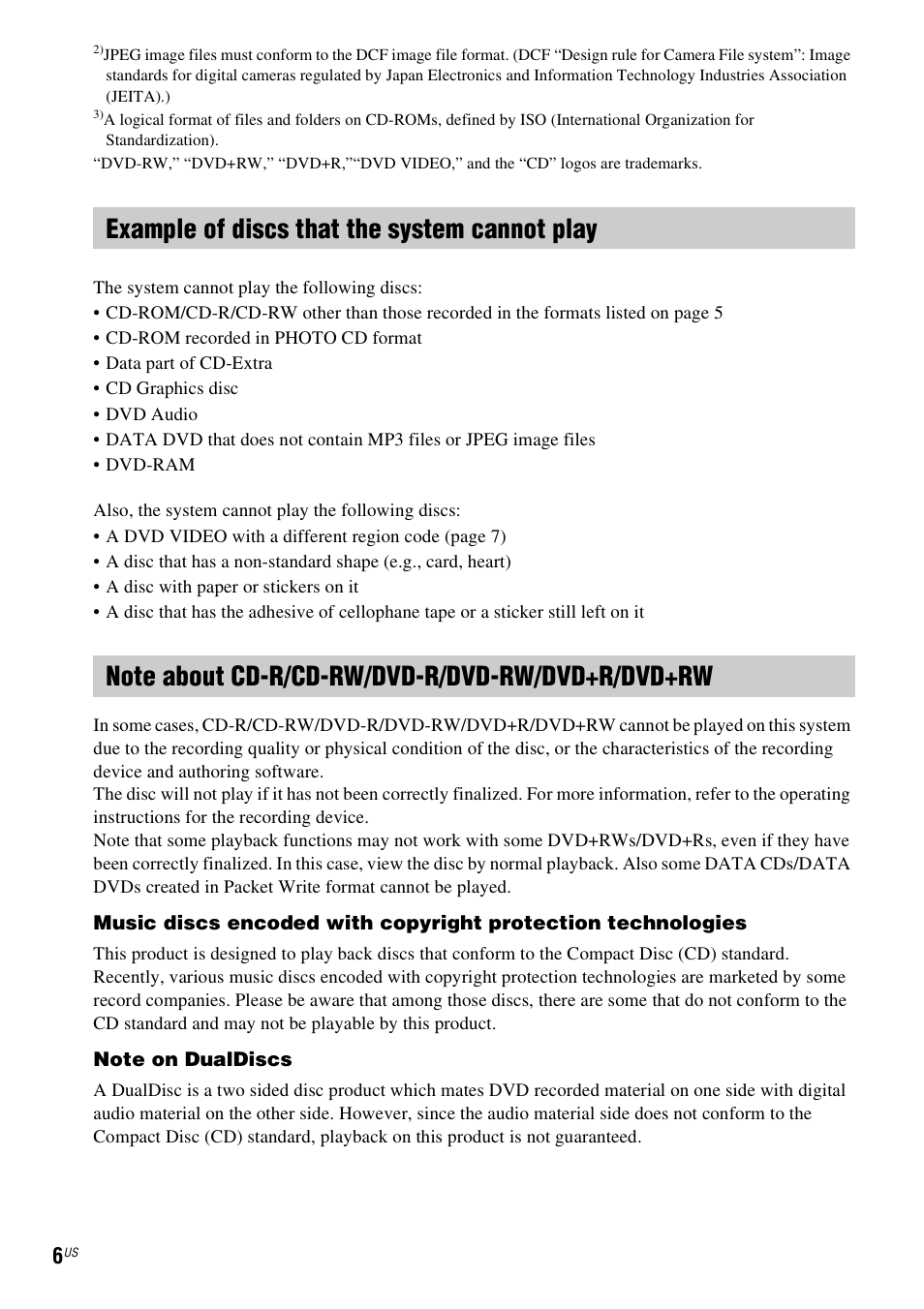 Example of discs that the system cannot play, Note about cd-r/cd-rw/dvd-r/dvd-rw/dvd+r/dvd+rw | Sony DAV-HDX274 User Manual | Page 6 / 92
