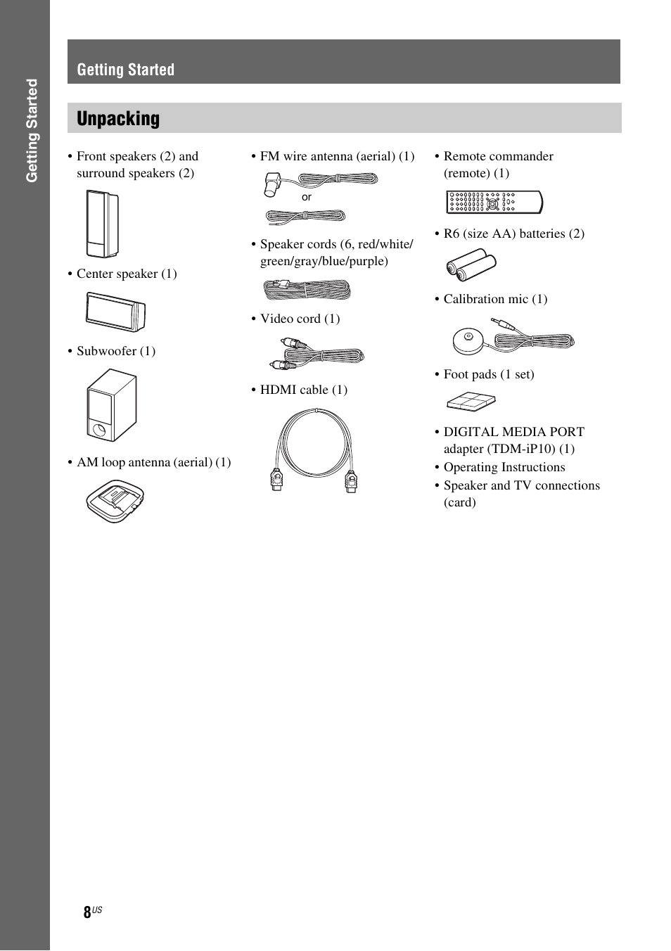Getting started, Unpacking | Sony DAV-HDX274 User Manual | Page 8 / 92