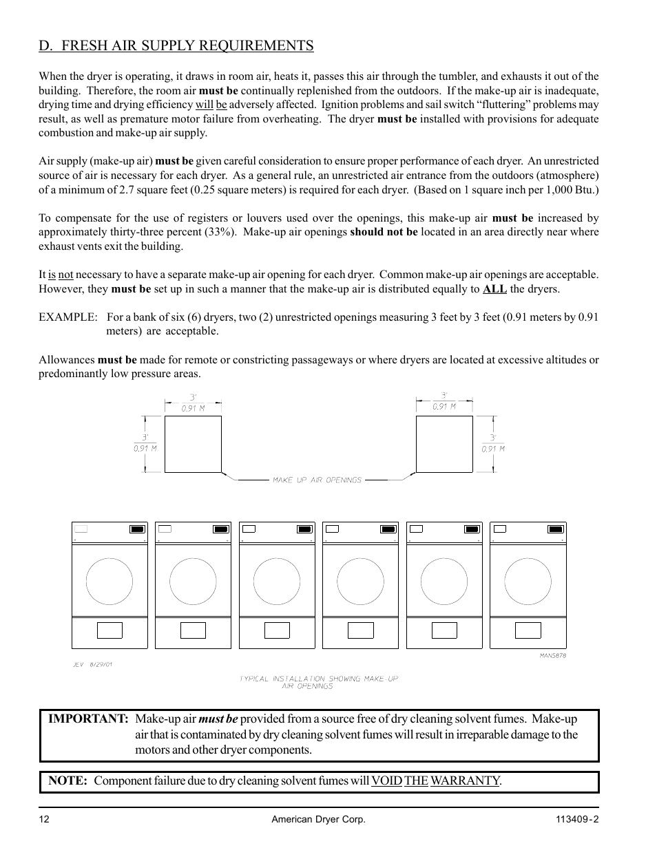 D. fresh air supply requirements | American Dryer Corp. ADG / MLG-170DR User Manual | Page 12 / 40