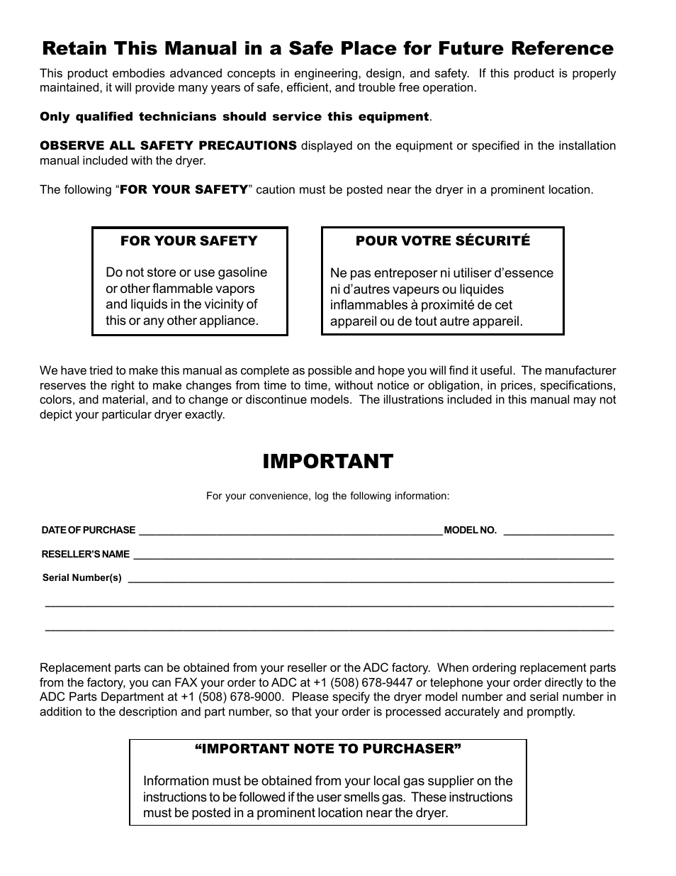 Important | American Dryer Corp. ADG / MLG-170DR User Manual | Page 2 / 40