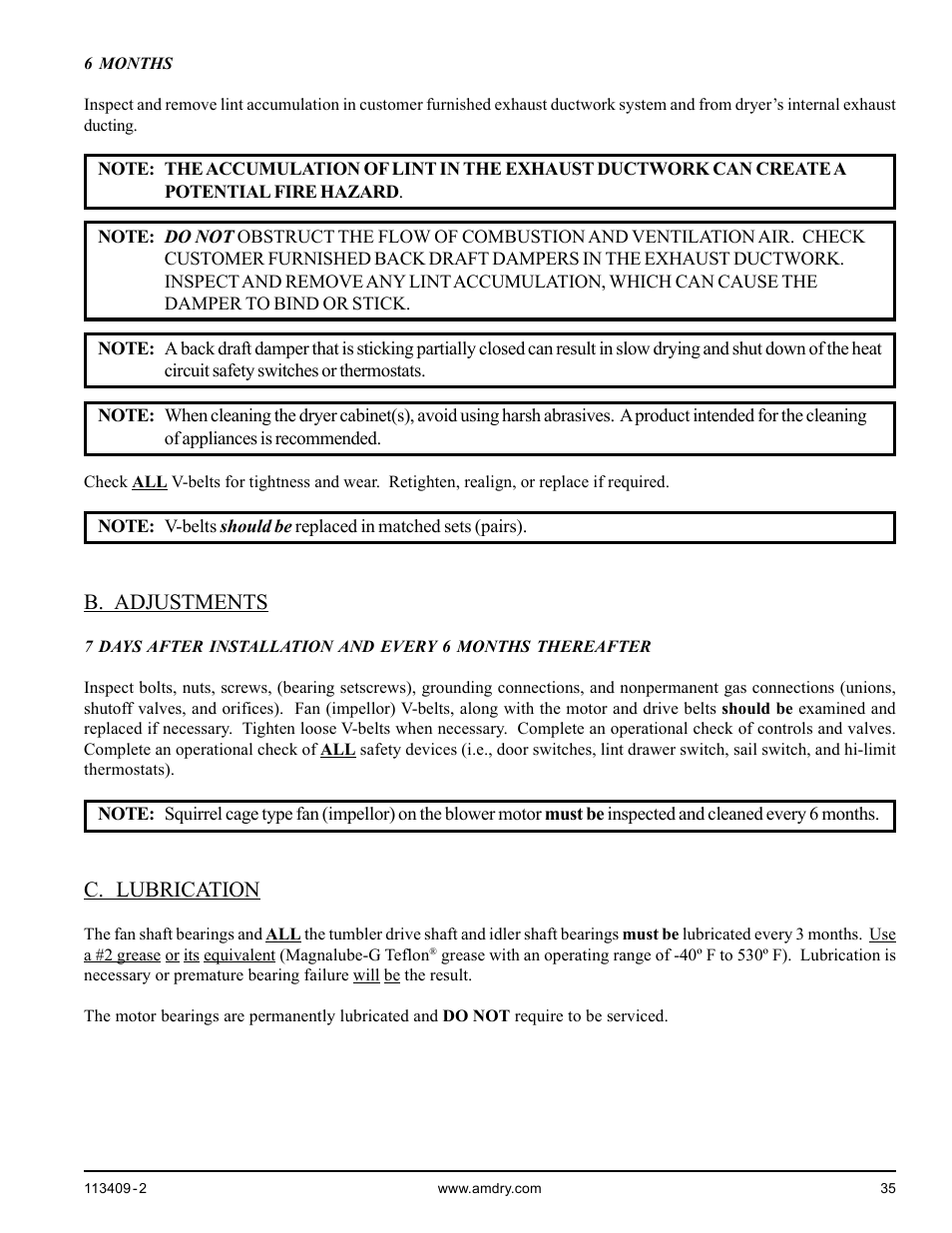 B. adjustments c. lubrication, B. adjustments, C. lubrication | American Dryer Corp. ADG / MLG-170DR User Manual | Page 35 / 40