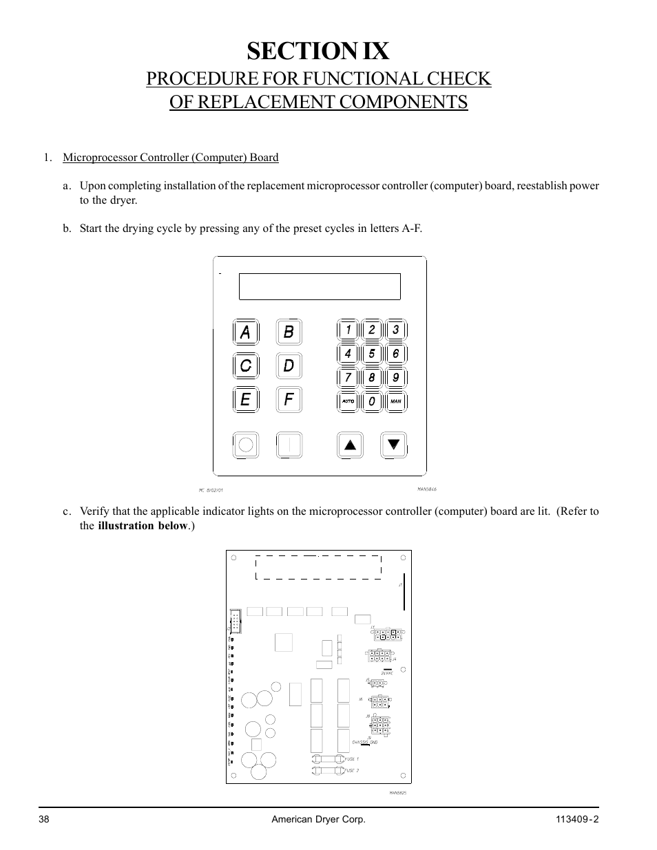 Section ix, Procedure for functional check, Of replacement components | American Dryer Corp. ADG / MLG-170DR User Manual | Page 38 / 40