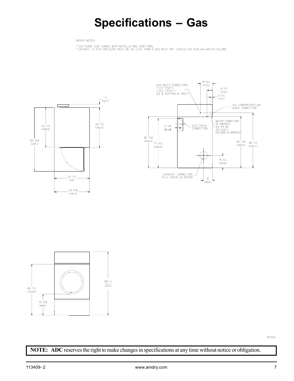 Specifications – gas | American Dryer Corp. ADG / MLG-170DR User Manual | Page 7 / 40