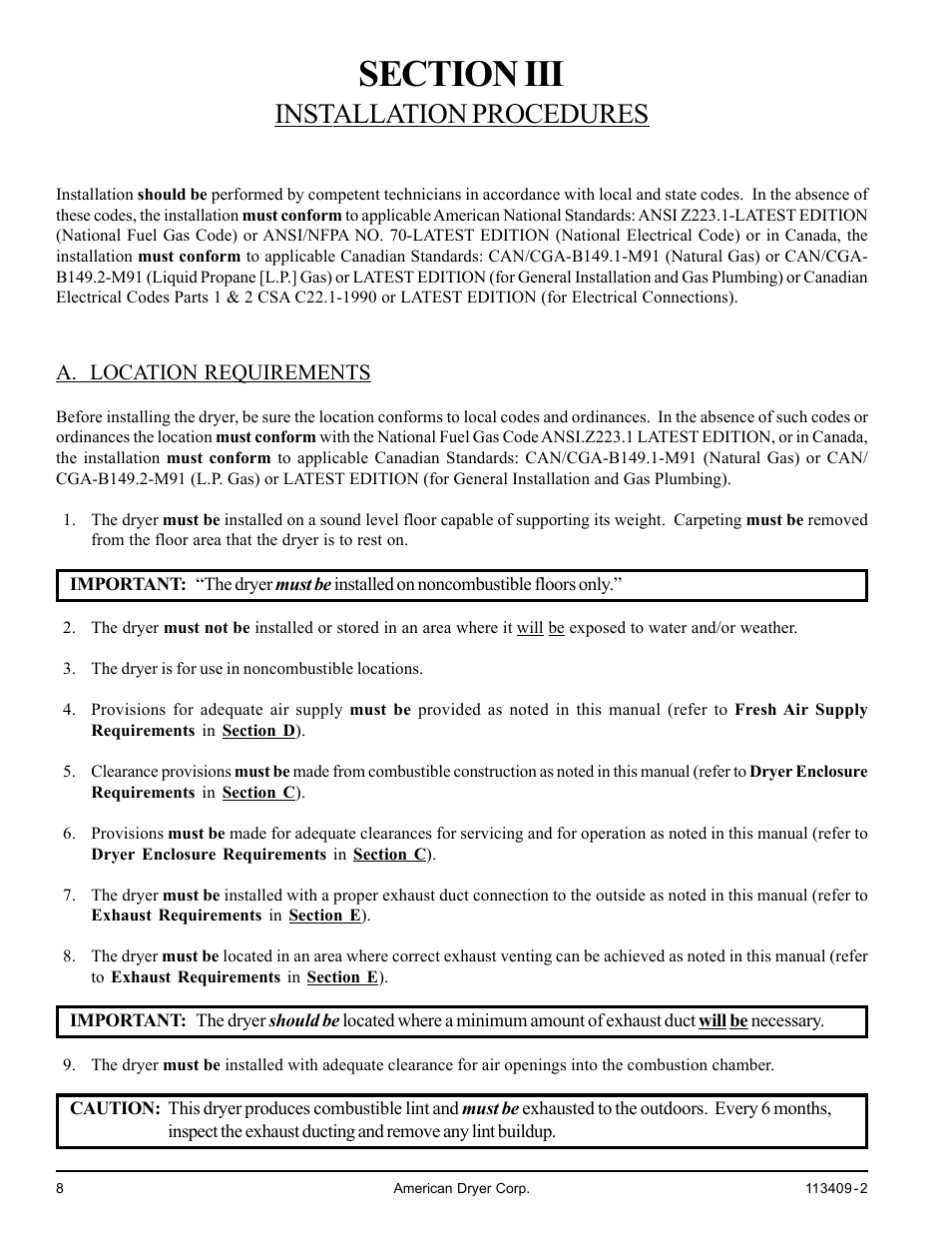 Section iii, Installation procedures, A. location requirements | American Dryer Corp. ADG / MLG-170DR User Manual | Page 8 / 40