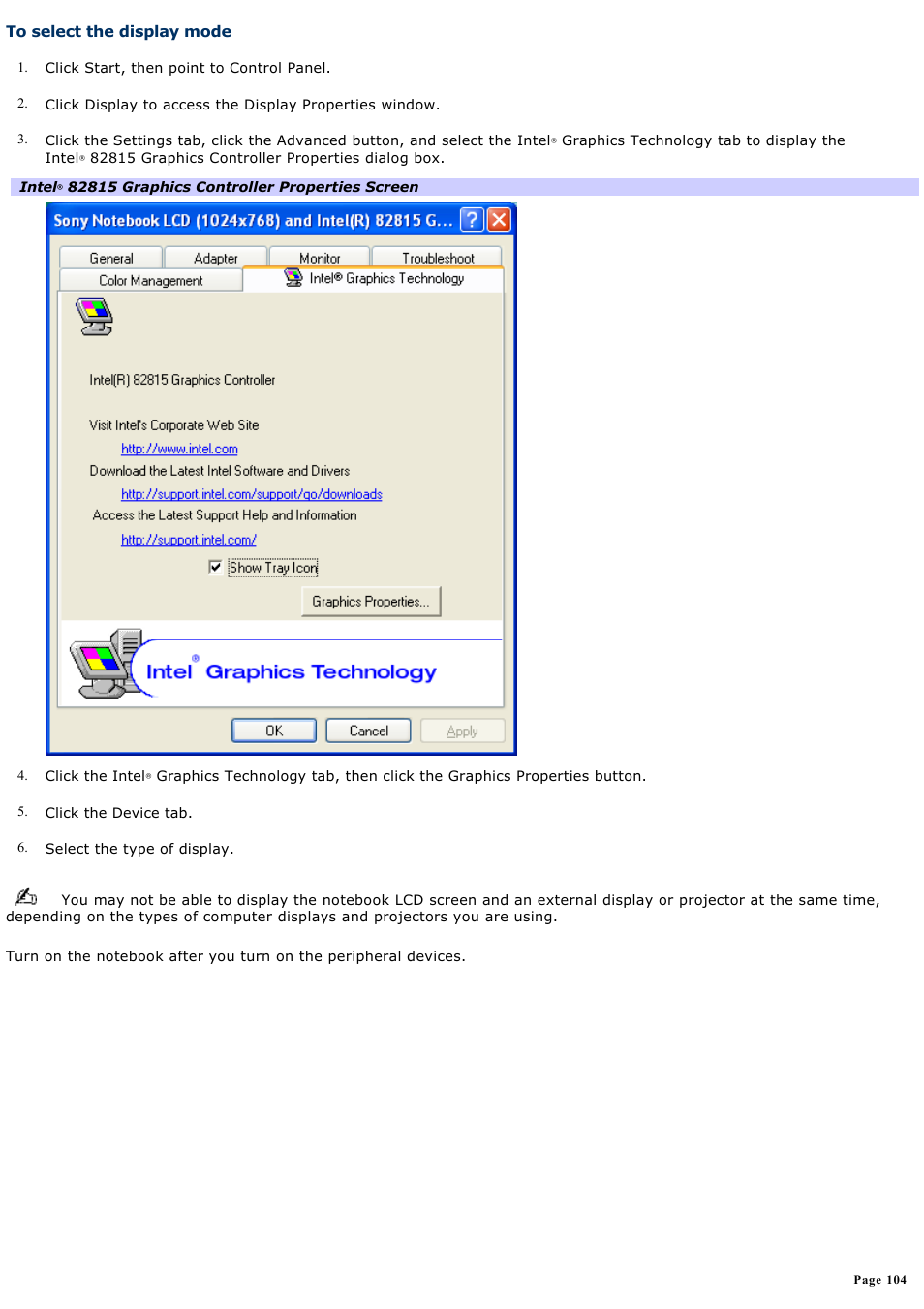 To select the display mode | Sony PCG-SRX99P User Manual | Page 104 / 182