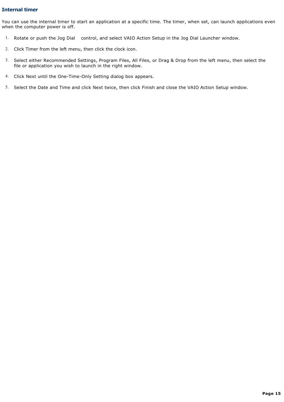 Internal timer | Sony PCG-SRX99P User Manual | Page 15 / 182