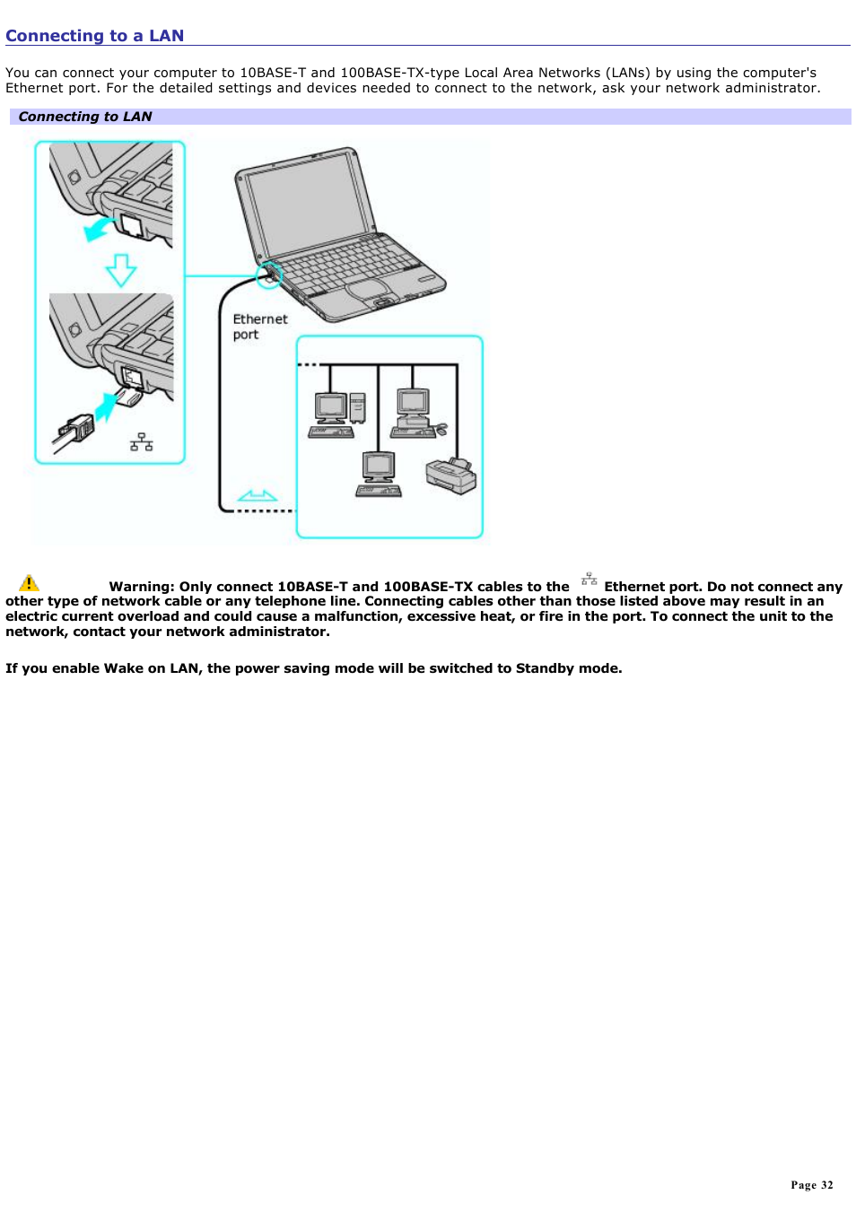 Connecting to a lan | Sony PCG-SRX99P User Manual | Page 32 / 182