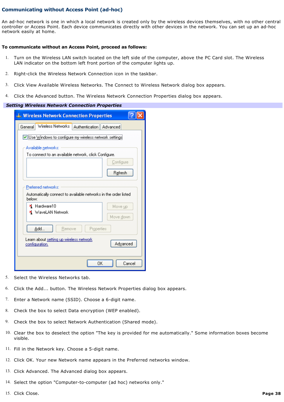 Communicating without access point (ad-hoc) | Sony PCG-SRX99P User Manual | Page 38 / 182