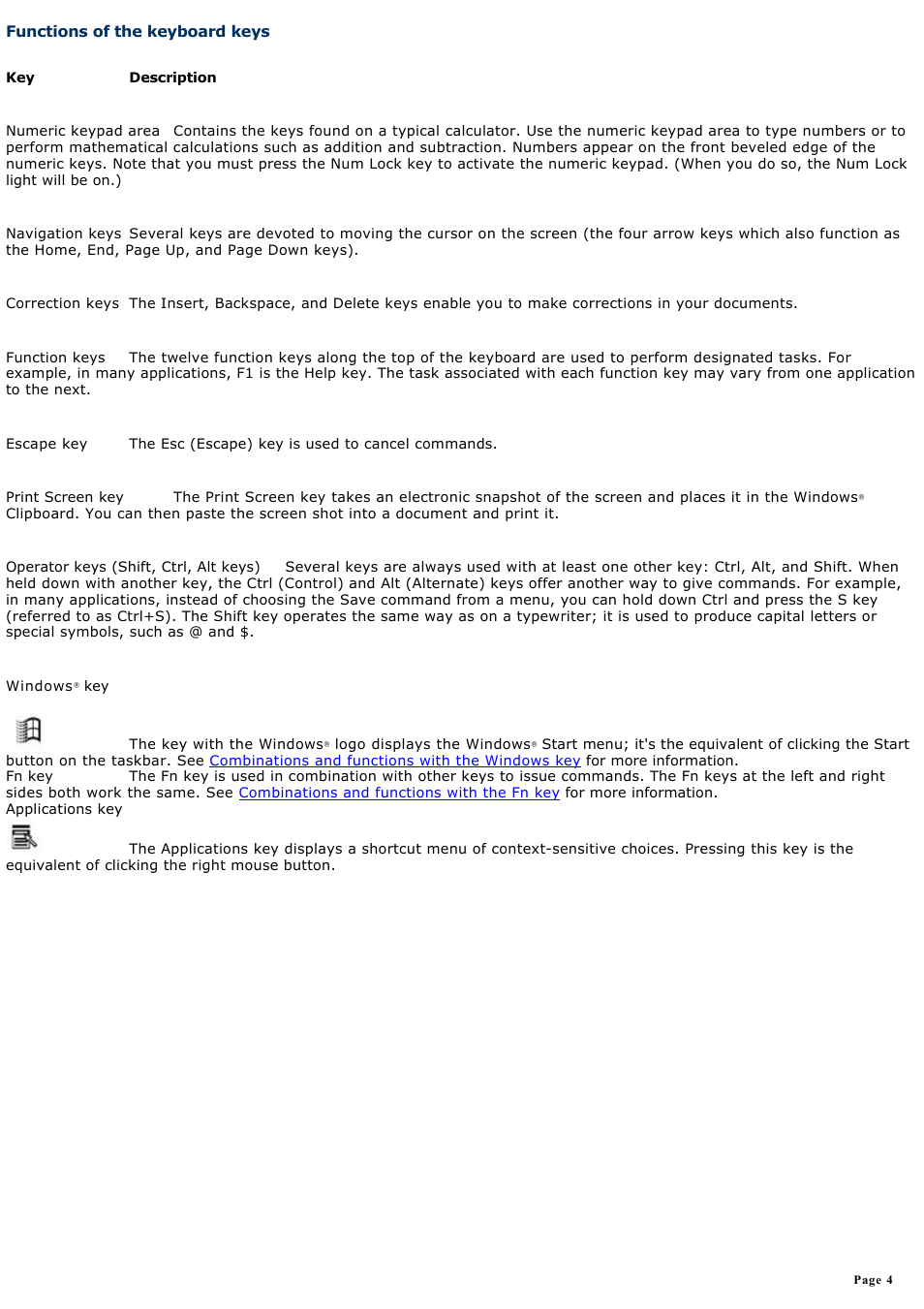 Functions of the keyboard keys | Sony PCG-SRX99P User Manual | Page 4 / 182