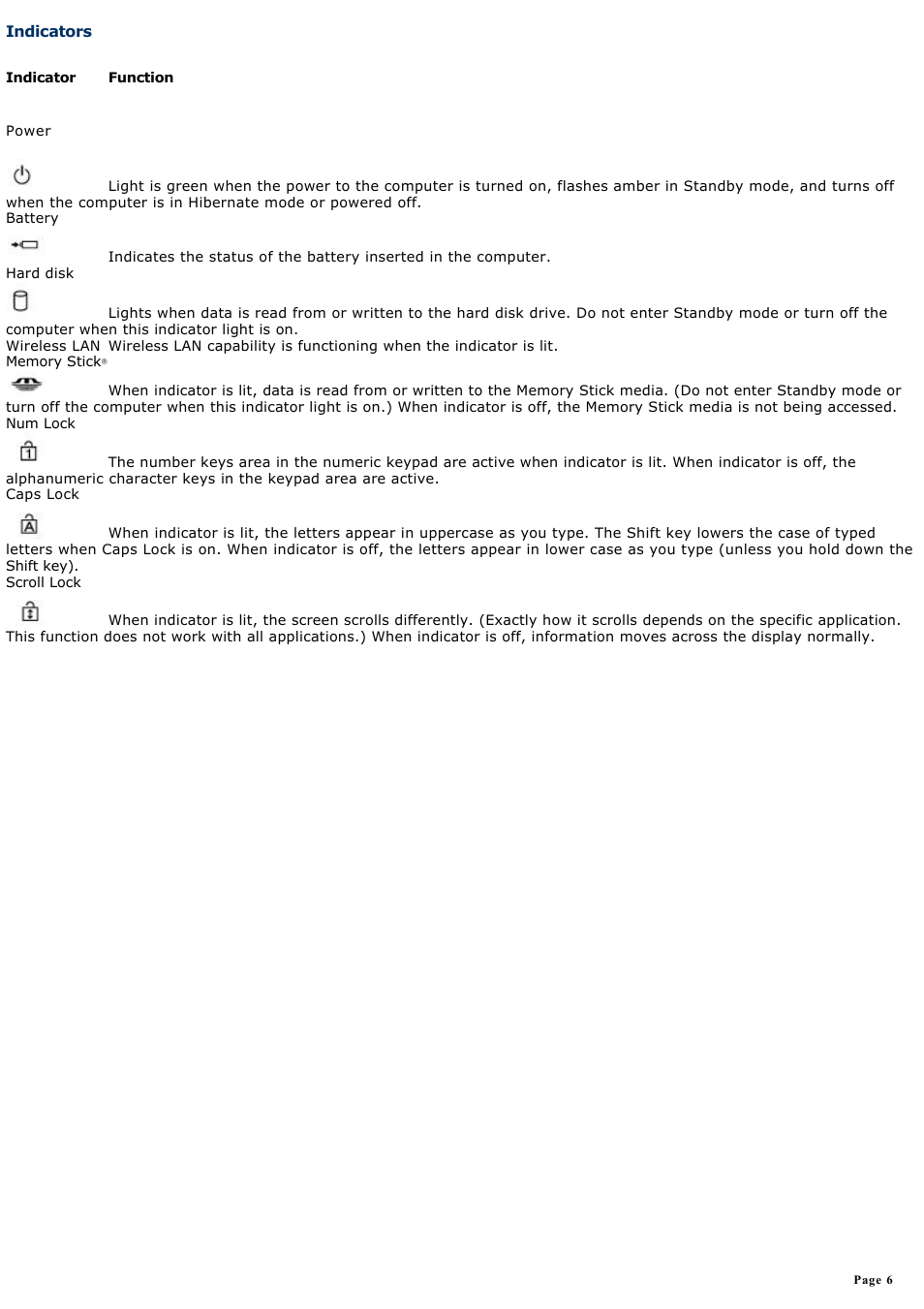 Indicators | Sony PCG-SRX99P User Manual | Page 6 / 182