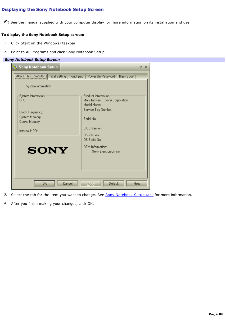 Displaying the sony notebook setup screen | Sony PCG-SRX99P User Manual | Page 88 / 182