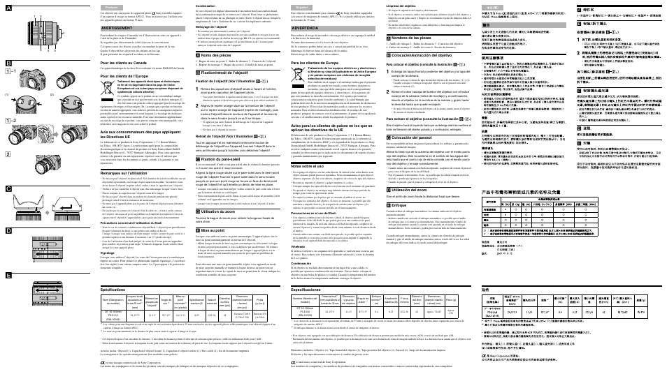 Rear side, Avertissement, Pour les clients au canada | Pour les clients de l’europe, Remarques sur l’utilisation, Noms des pièces, Fixation/retrait de l’objectif, Fixation du pare-soleil, Utilisation du zoom, Mise au point | Sony SAL-16105 User Manual | Page 2 / 2