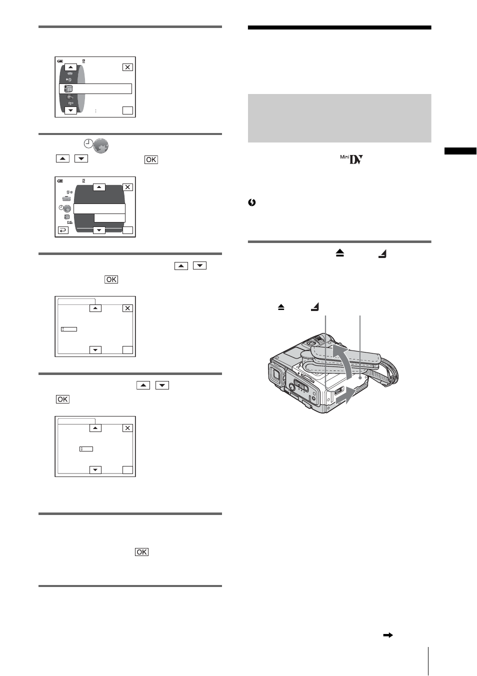 Step 6: inserting the recording media, Inserting a cassette tape, Get ting st art e d 23 | Touch [menu, Select (time/langu.) with / , then touch, Select [clock set] with / , then touch, Set [y] (year) with / , then touch | Sony DCR-PC109 User Manual | Page 23 / 152