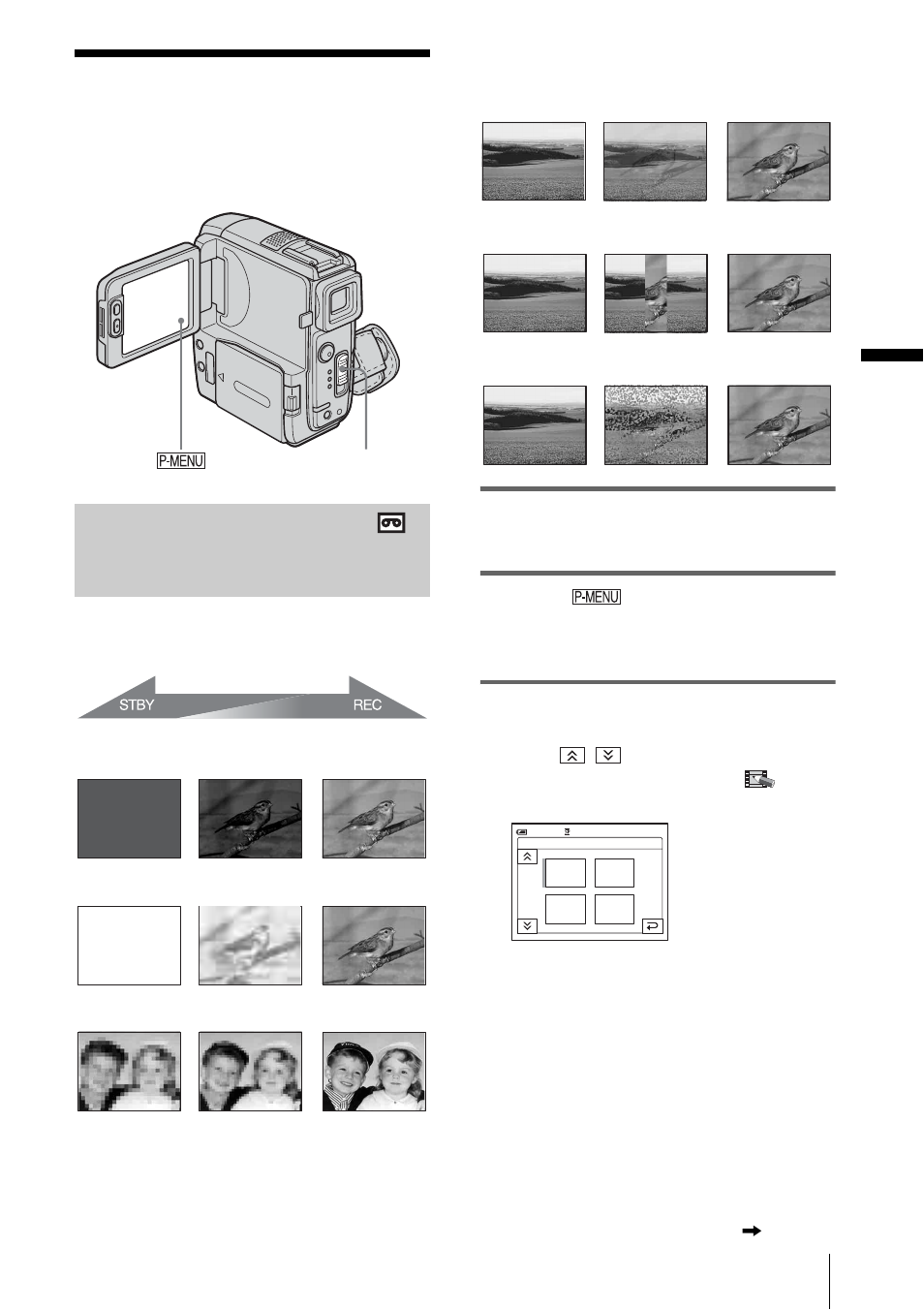 Recording a picture using various effects, Fading in and out of a scene – fader, Fading in and out of a scene | Fader, R (p. 43), Recor d ing | Sony DCR-PC109 User Manual | Page 43 / 152