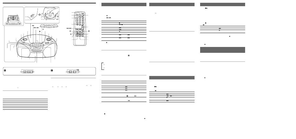 Listening to the radio, Playing a tape, Recording | Location of controls, Playing a cd, Presetting radio stations, Playing preset radio stations 1, Adjusting the sound emphasis, Falling asleep to music, Using the display | Sony CFD-S550 User Manual | Page 2 / 2