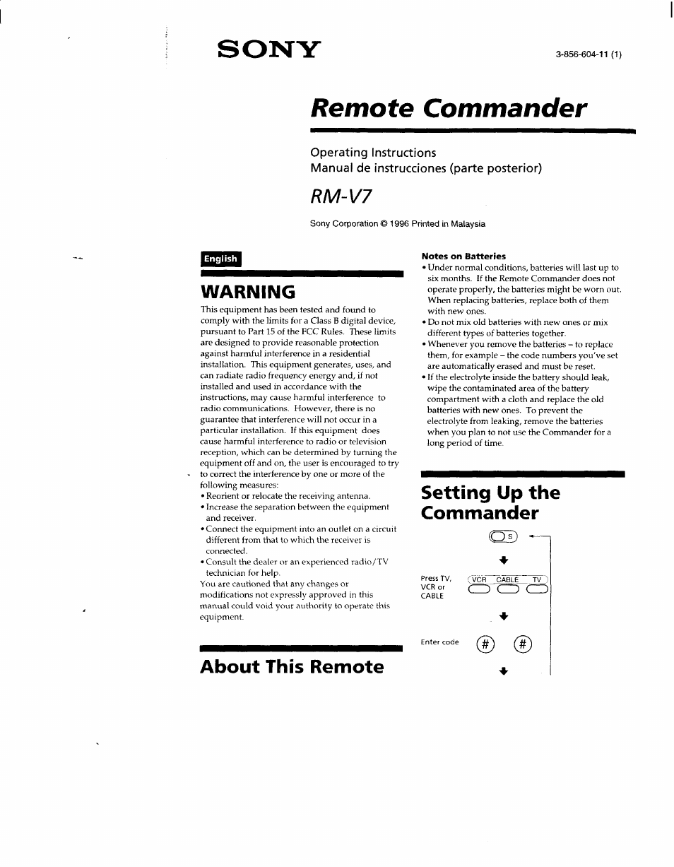 Sony RM-V7 User Manual | 16 pages