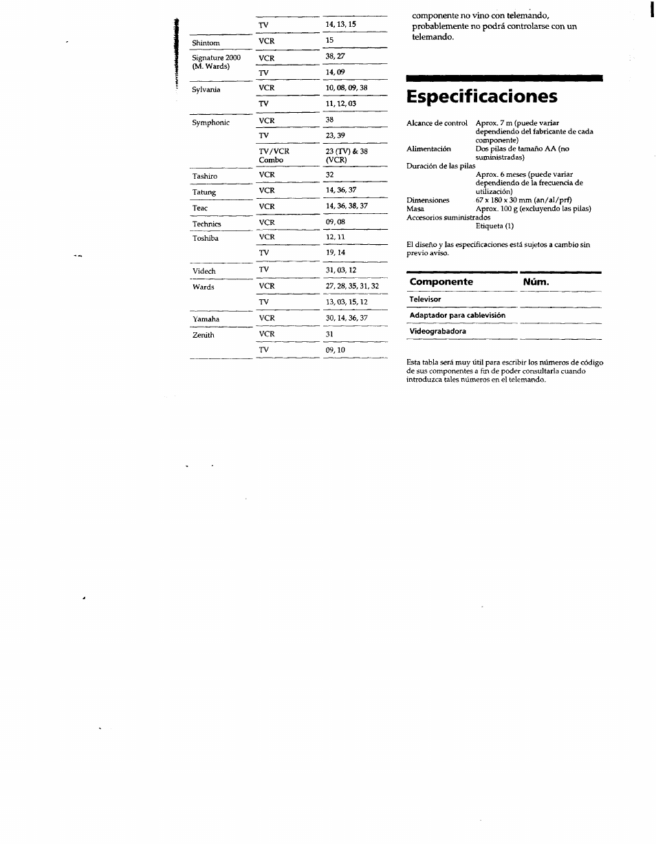 Especîfîcacîones, Componente, Componente núm | Sony RM-V7 User Manual | Page 16 / 16