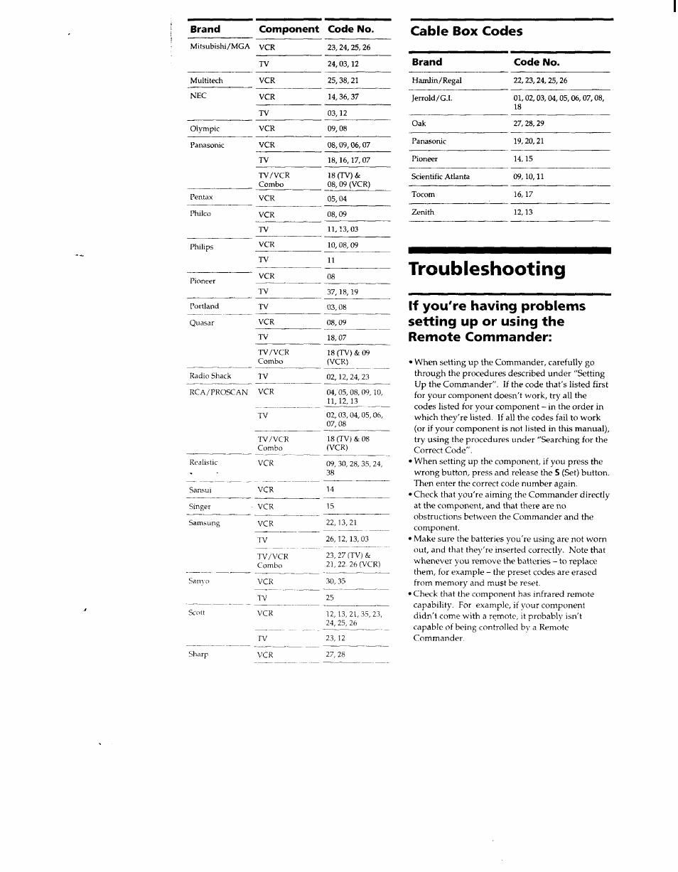 Troubleshooting, Cable box codes, Brand component code no | Brand code no | Sony RM-V7 User Manual | Page 7 / 16