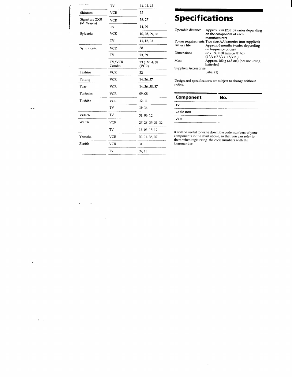 Specifications, Component, Component no | Sony RM-V7 User Manual | Page 8 / 16