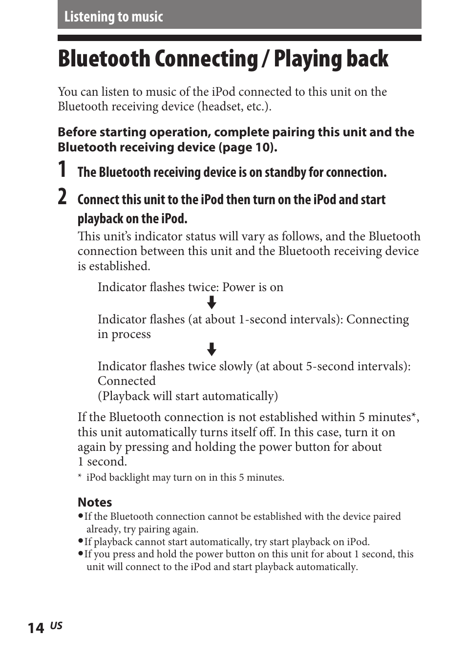 Listening to music, Bluetooth connecting / playing back, Bluetooth connecting | Playing back | Sony TMR-BT8IP User Manual | Page 14 / 68