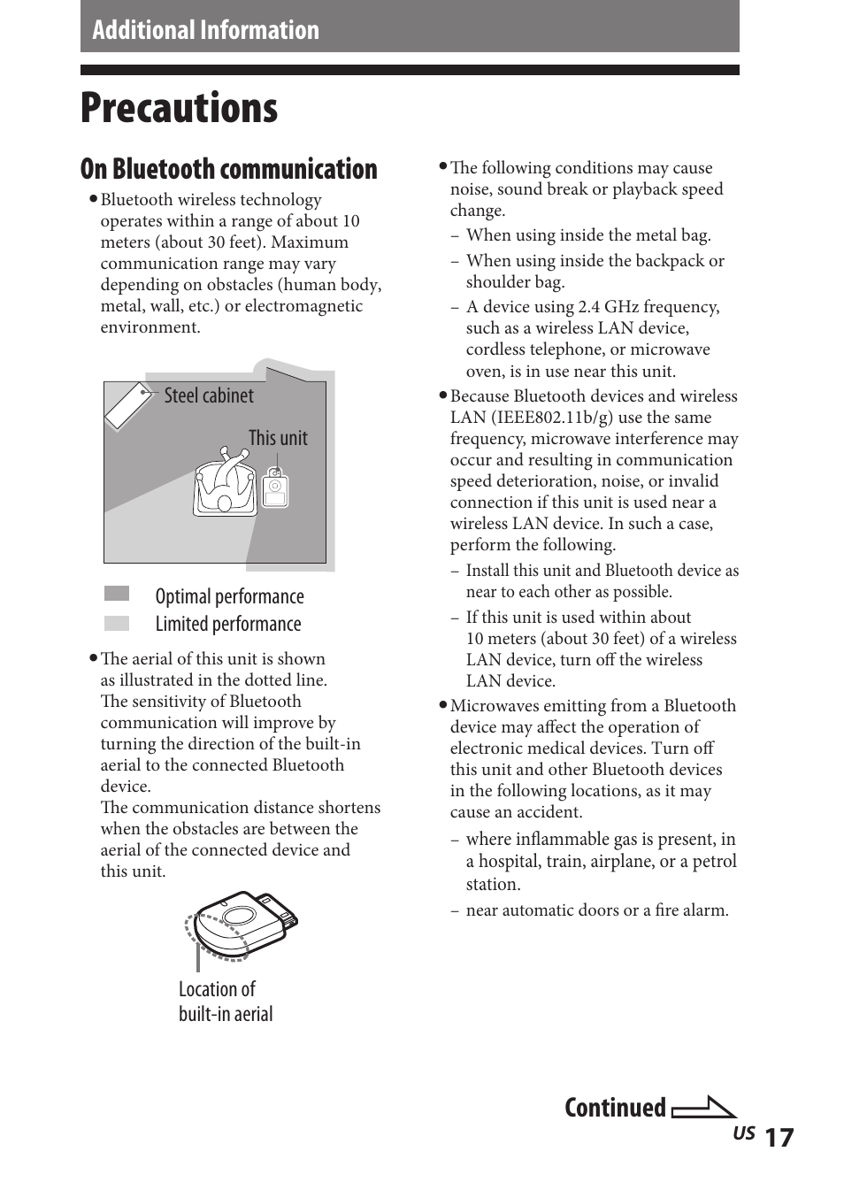 Additional information, Precautions, On bluetooth communication | Continued | Sony TMR-BT8IP User Manual | Page 17 / 68