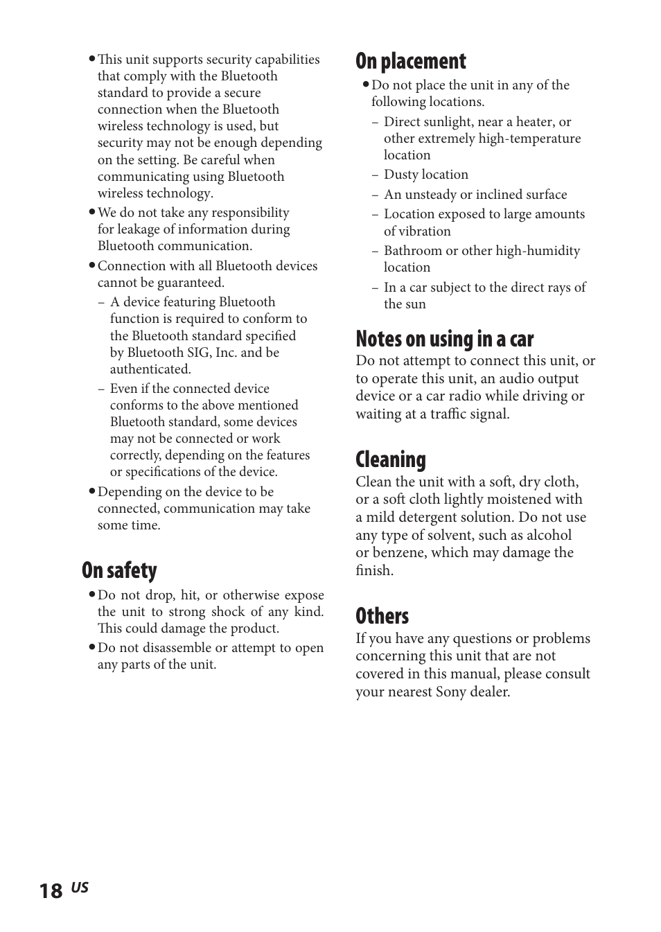 On safety, On placement, Cleaning | Others | Sony TMR-BT8IP User Manual | Page 18 / 68