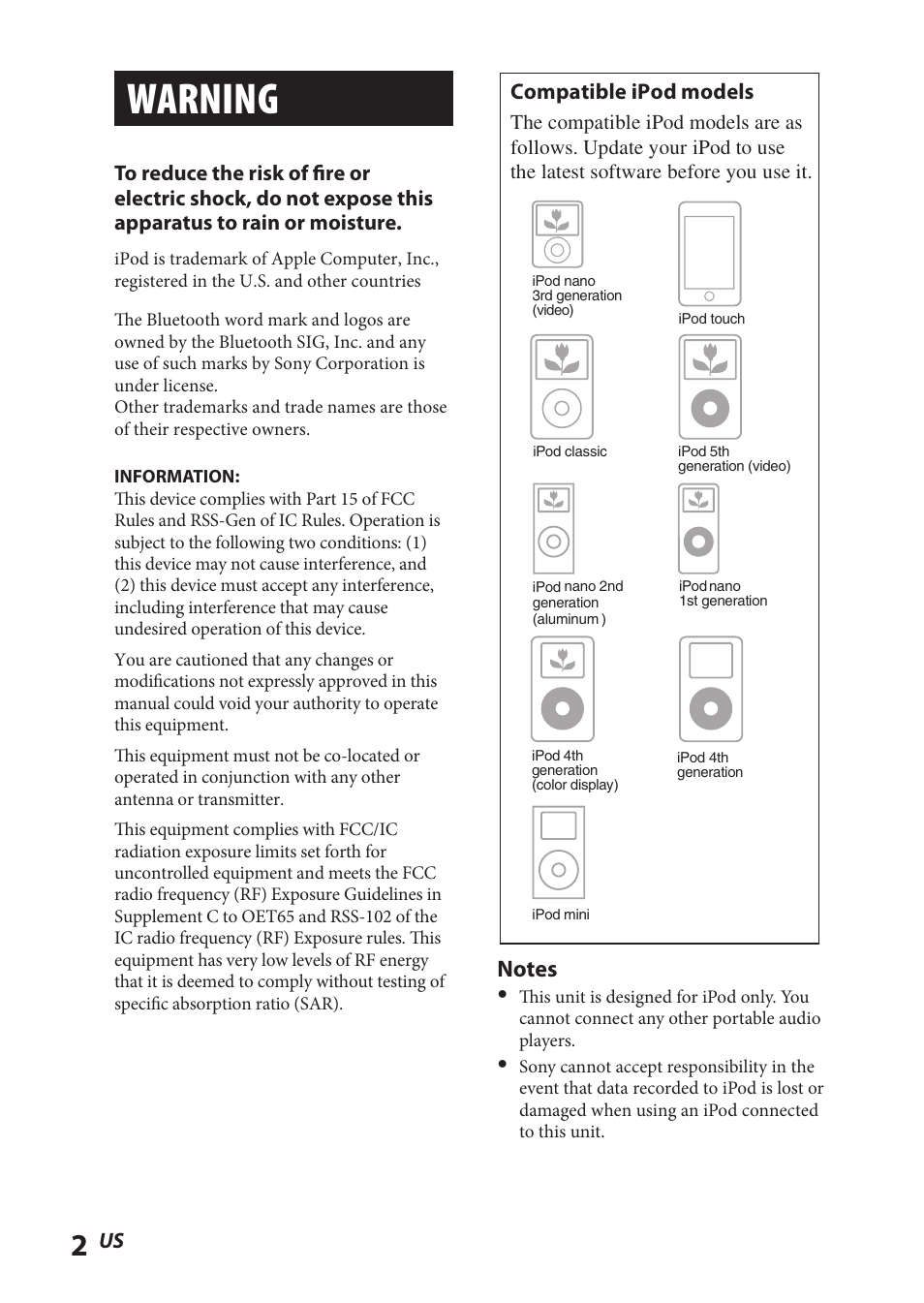 Warning | Sony TMR-BT8IP User Manual | Page 2 / 68