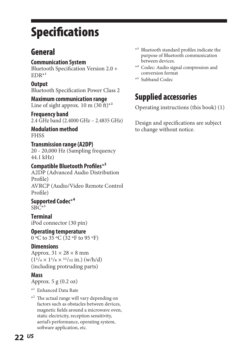 Specifications, Supplied accessories, General | Sony TMR-BT8IP User Manual | Page 22 / 68