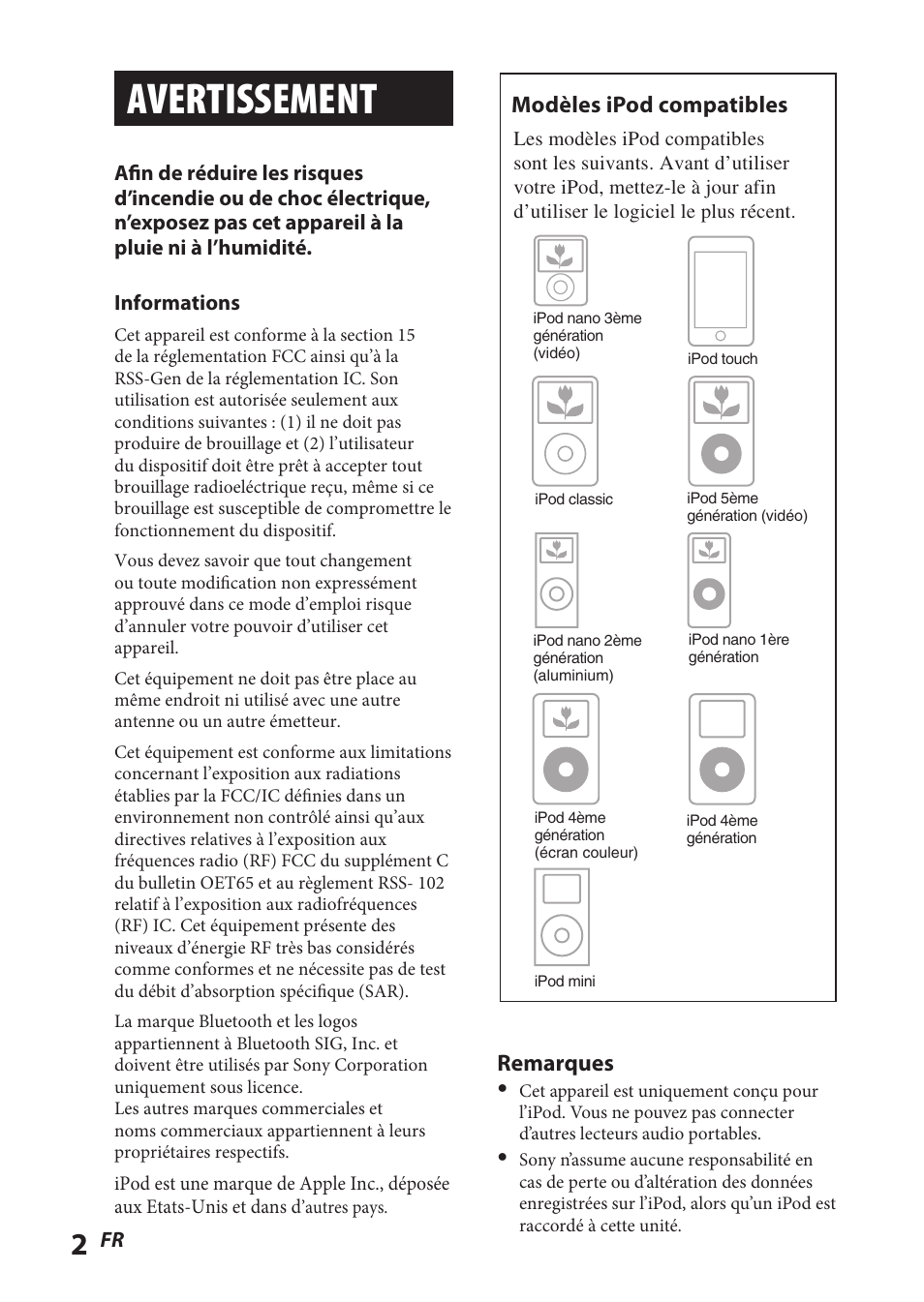 Avertissement, Remarques, Modèles ipod compatibles | Sony TMR-BT8IP User Manual | Page 24 / 68