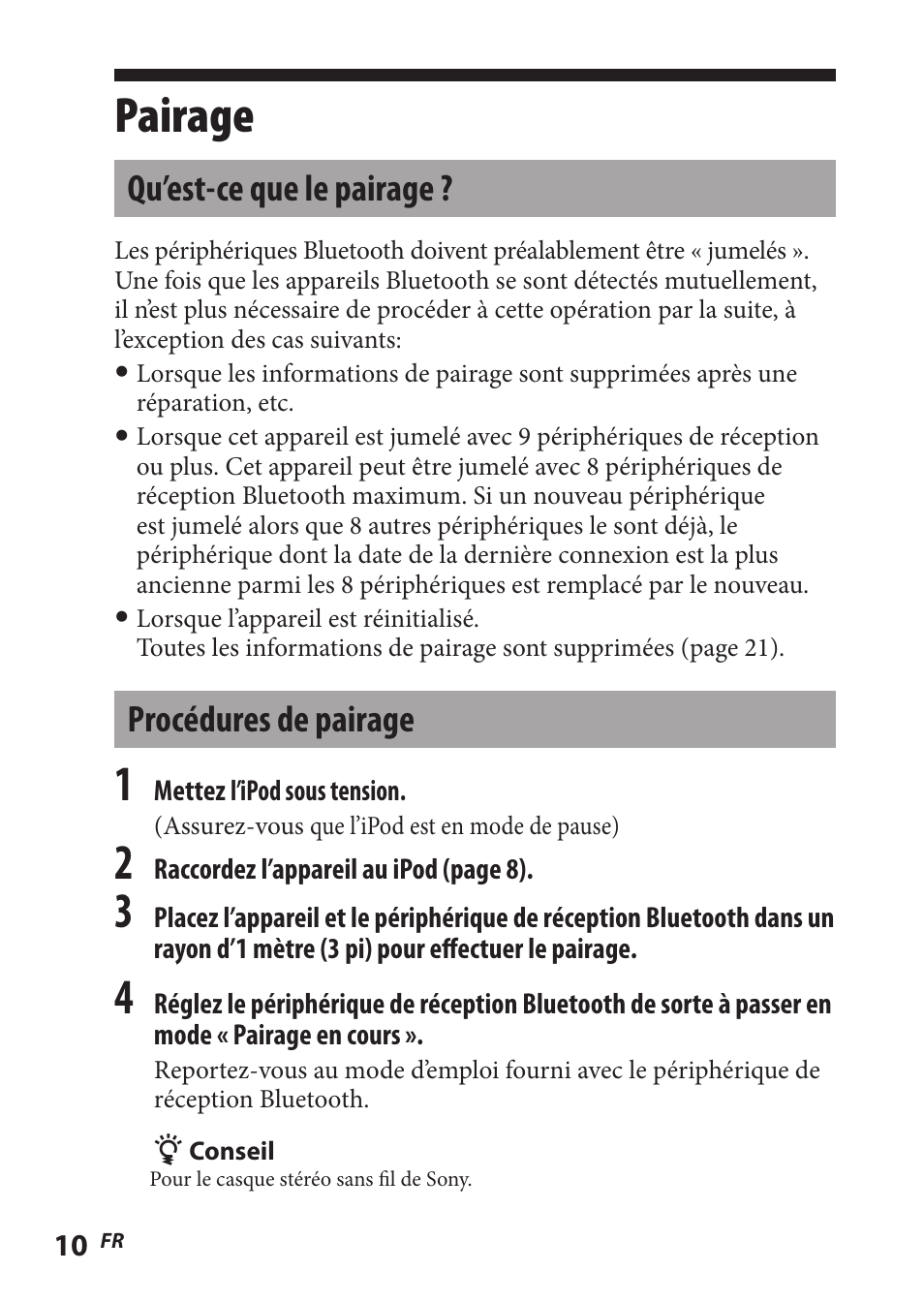 Pairage, Qu’est-ce que le pairage, Procédures de pairage | Qu’est-ce que le pairage ? procédures de pairage | Sony TMR-BT8IP User Manual | Page 32 / 68