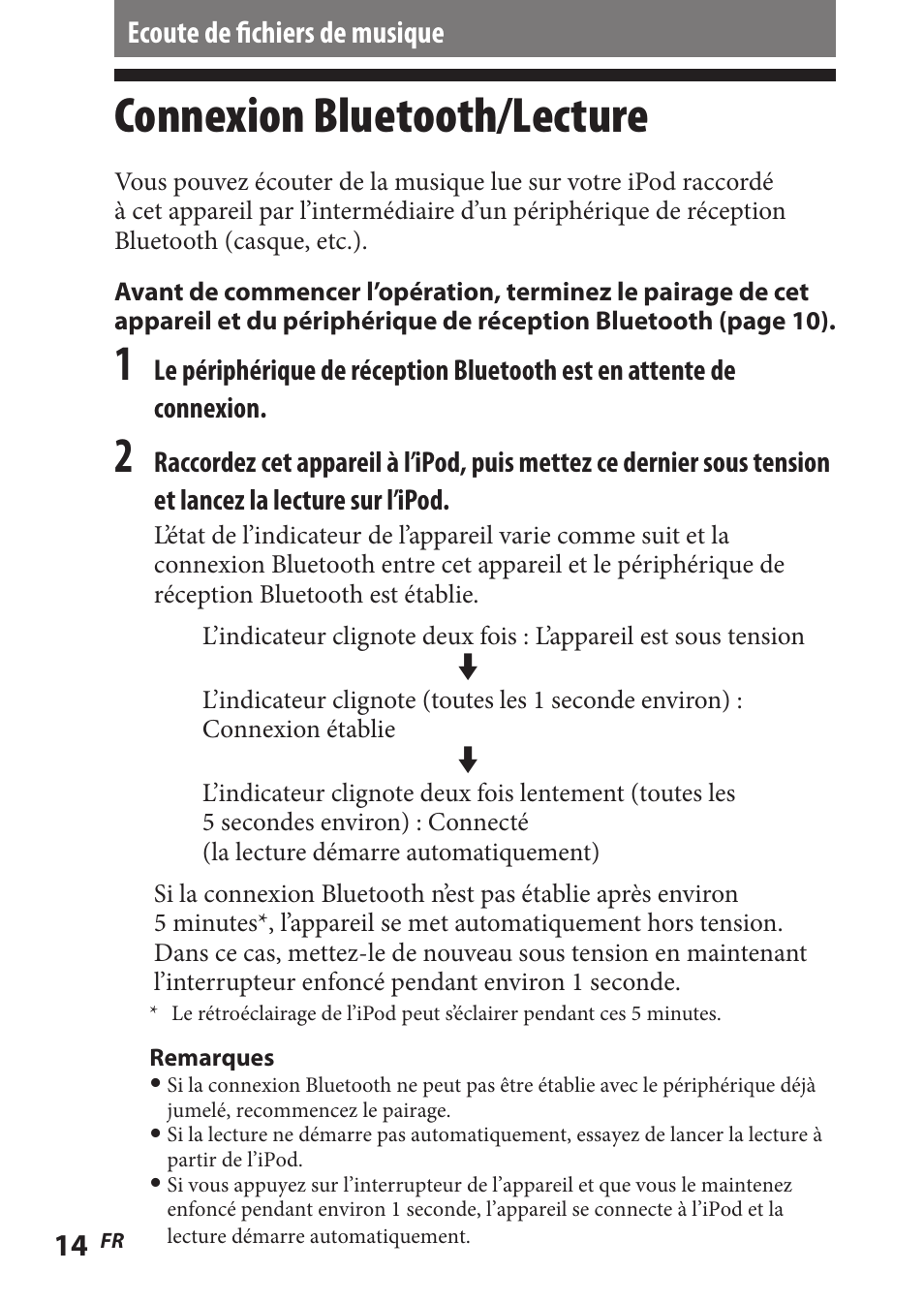 Ecoute de fichiers de musique, Connexion bluetooth/lecture, Connexion bluetooth | Lecture | Sony TMR-BT8IP User Manual | Page 36 / 68