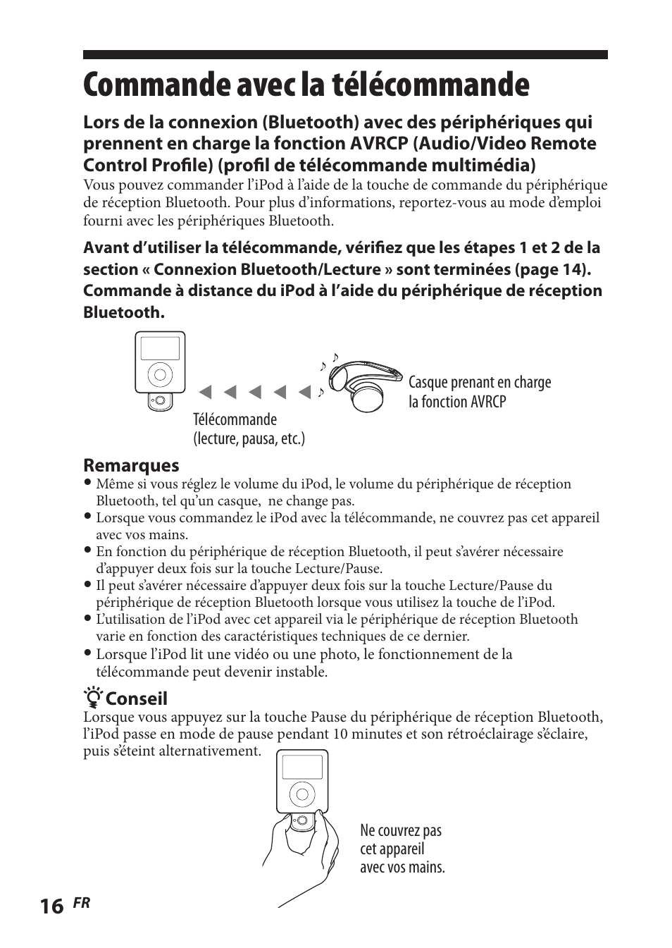 Commande avec la télécommande, Commande avec la, Télécommande | Sony TMR-BT8IP User Manual | Page 38 / 68