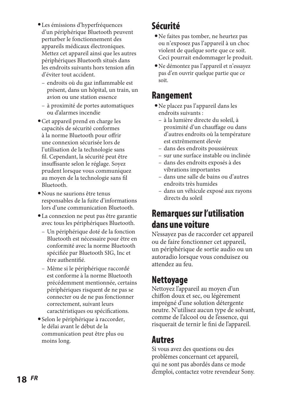 Sécurité, Rangement, Remarques sur l’utilisation dans une voiture | Nettoyage, Autres | Sony TMR-BT8IP User Manual | Page 40 / 68