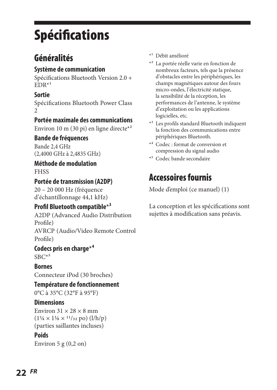 Spécifications, Accessoires fournis, Généralités | Sony TMR-BT8IP User Manual | Page 44 / 68