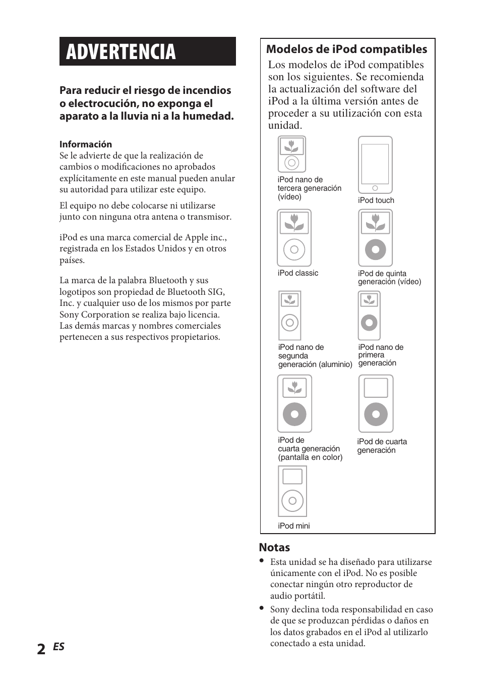 Advertencia, Modelos de ipod compatibles, Notas | Sony TMR-BT8IP User Manual | Page 46 / 68