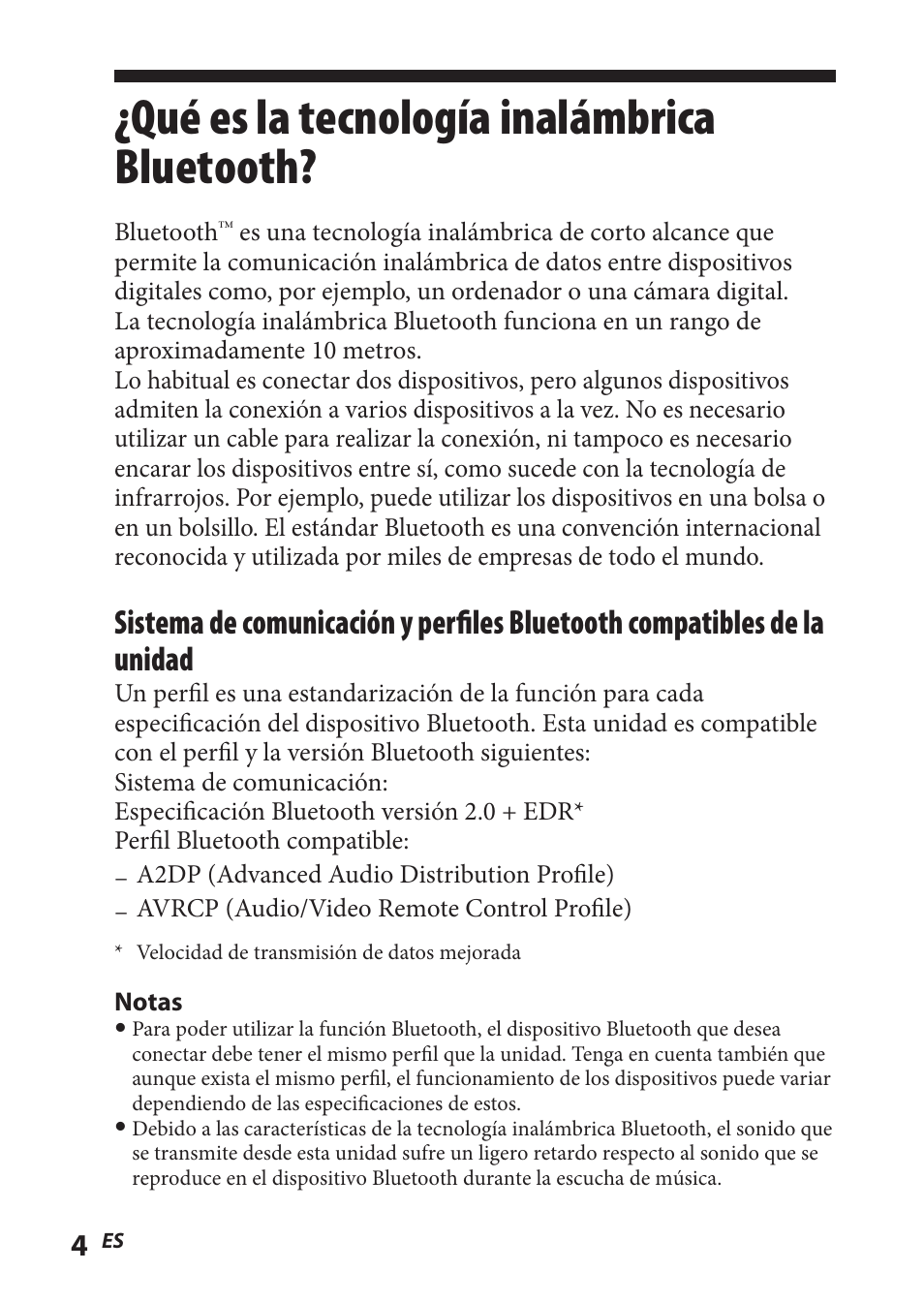 Qué es la tecnología inalámbrica bluetooth, Qué es la tecnología, Inalámbrica bluetooth | Sony TMR-BT8IP User Manual | Page 48 / 68