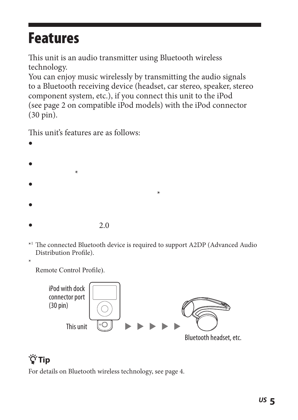 Features | Sony TMR-BT8IP User Manual | Page 5 / 68