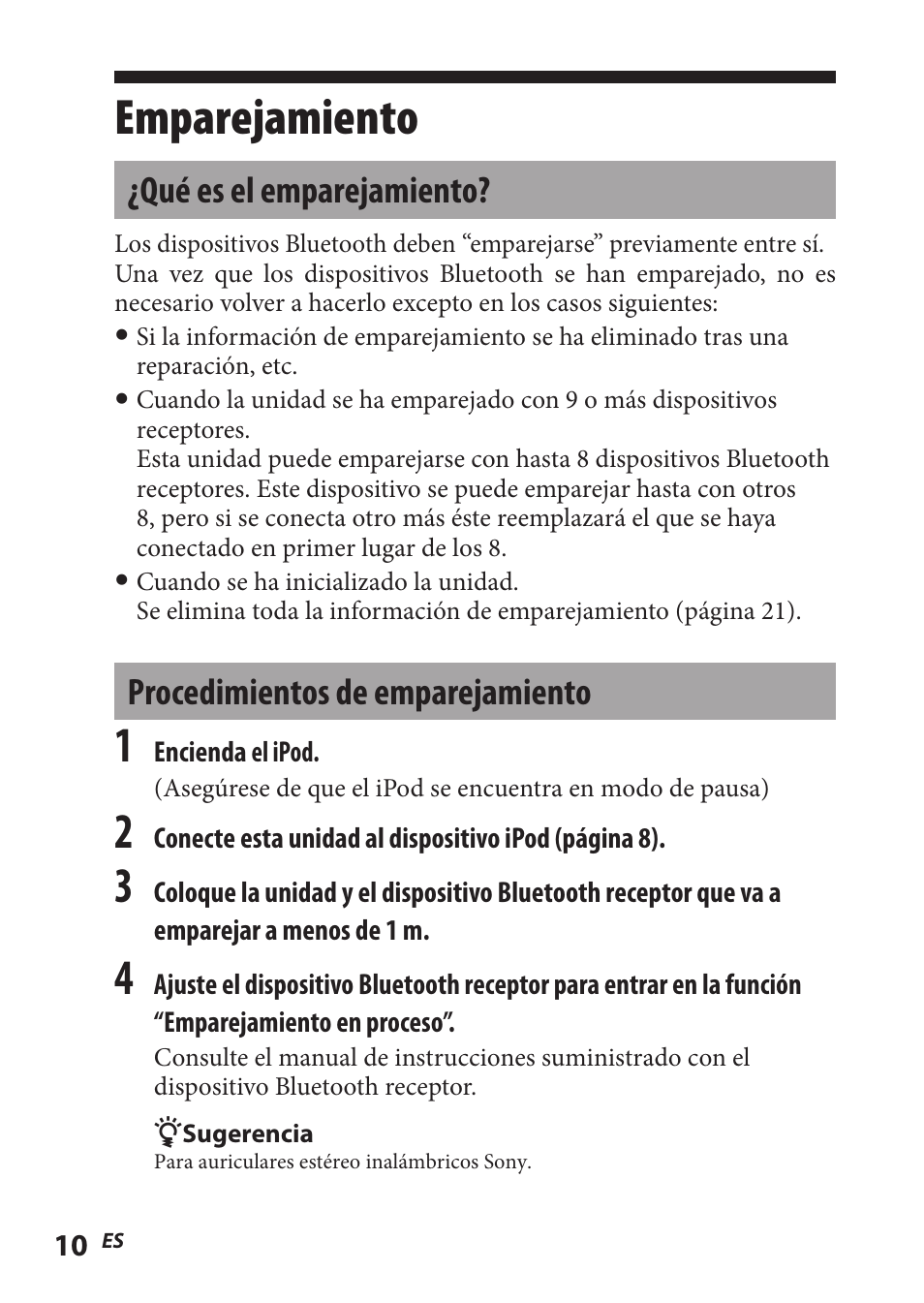 Emparejamiento, Qué es el emparejamiento, Procedimientos de emparejamiento | Qué es el emparejamiento? procedimientos de | Sony TMR-BT8IP User Manual | Page 54 / 68