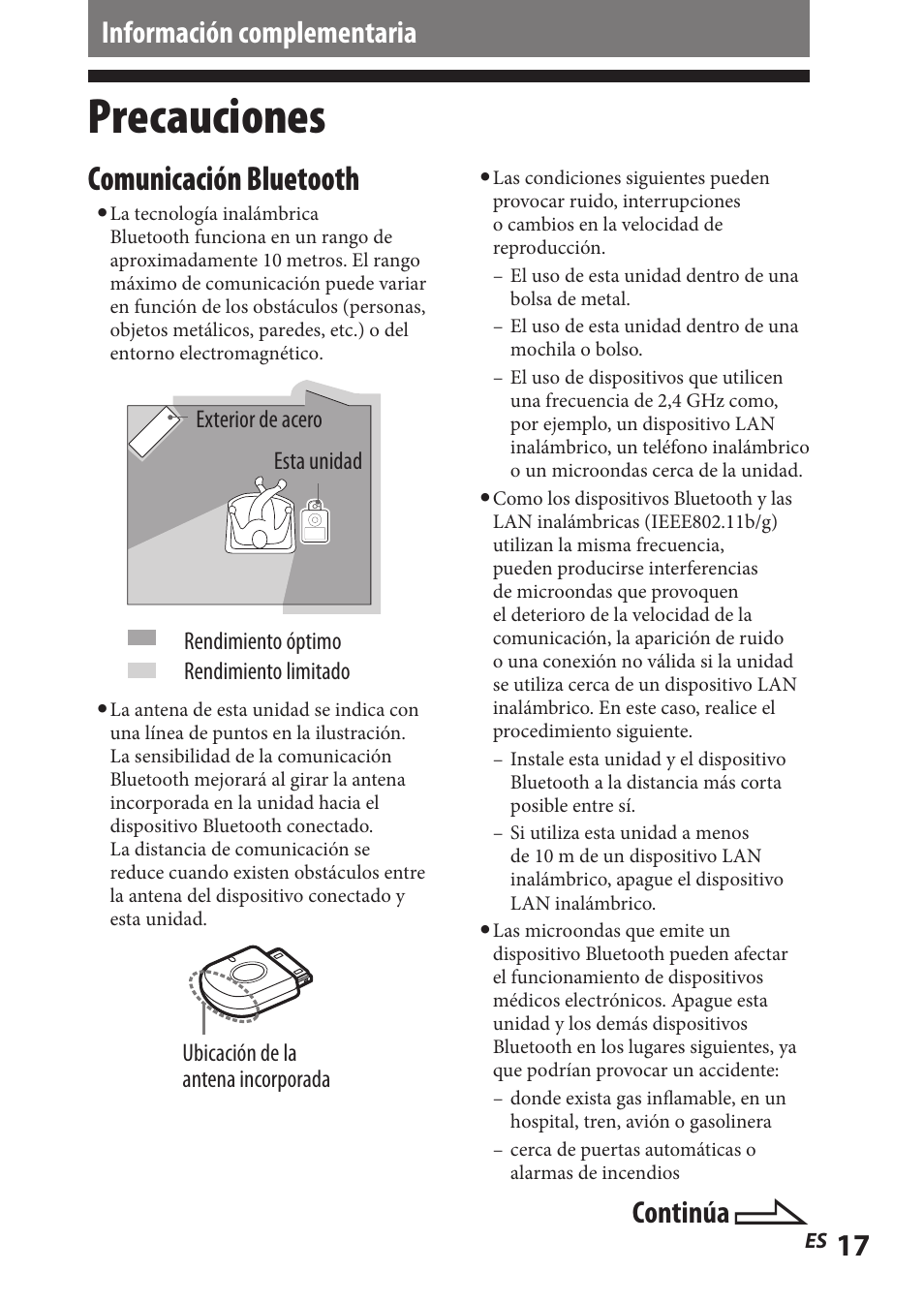 Información complementaria, Precauciones, Comunicación bluetooth | Continúa | Sony TMR-BT8IP User Manual | Page 61 / 68