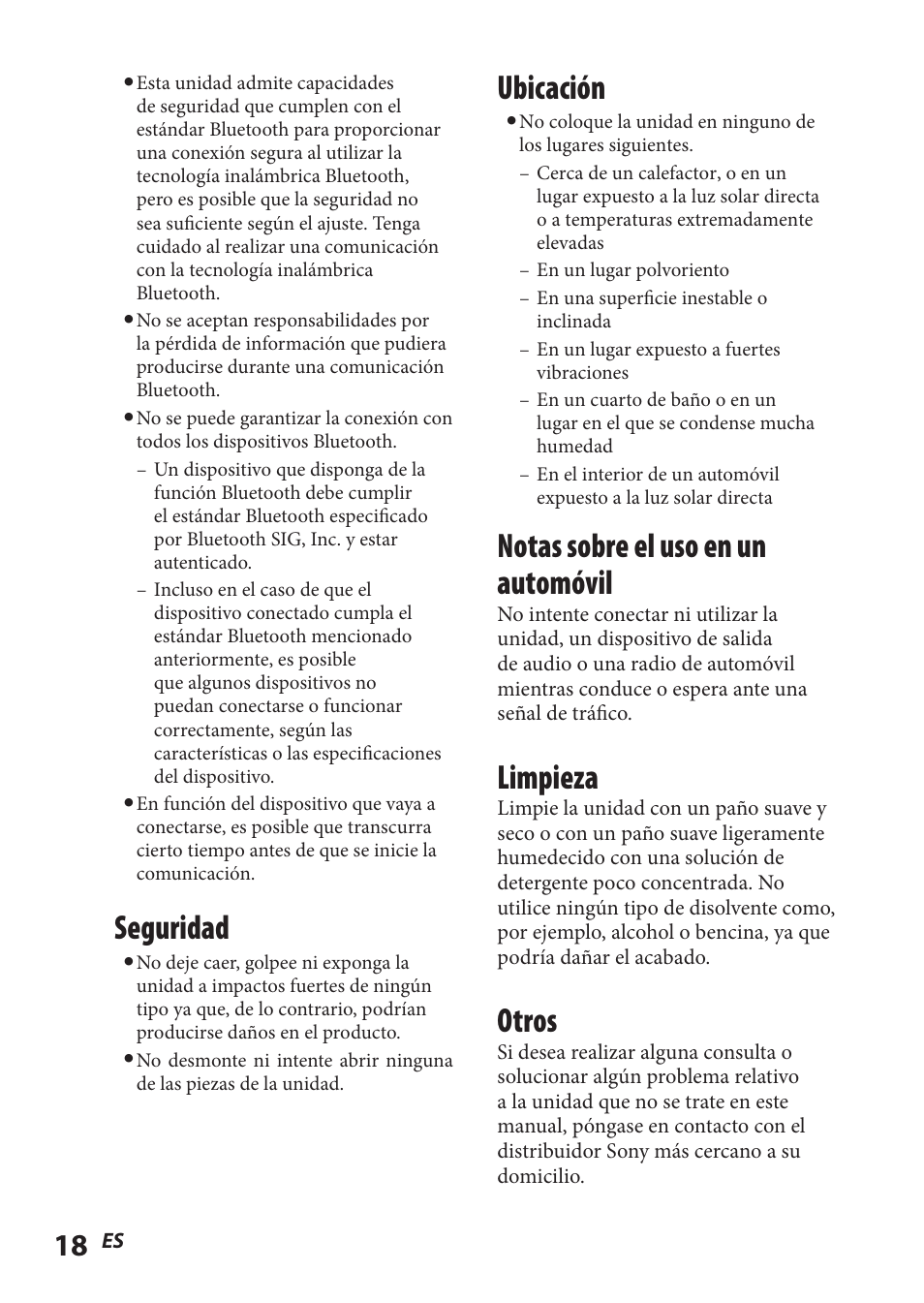 Ubicación, Notas sobre el uso en un automóvil, Limpieza | Otros, Seguridad | Sony TMR-BT8IP User Manual | Page 62 / 68