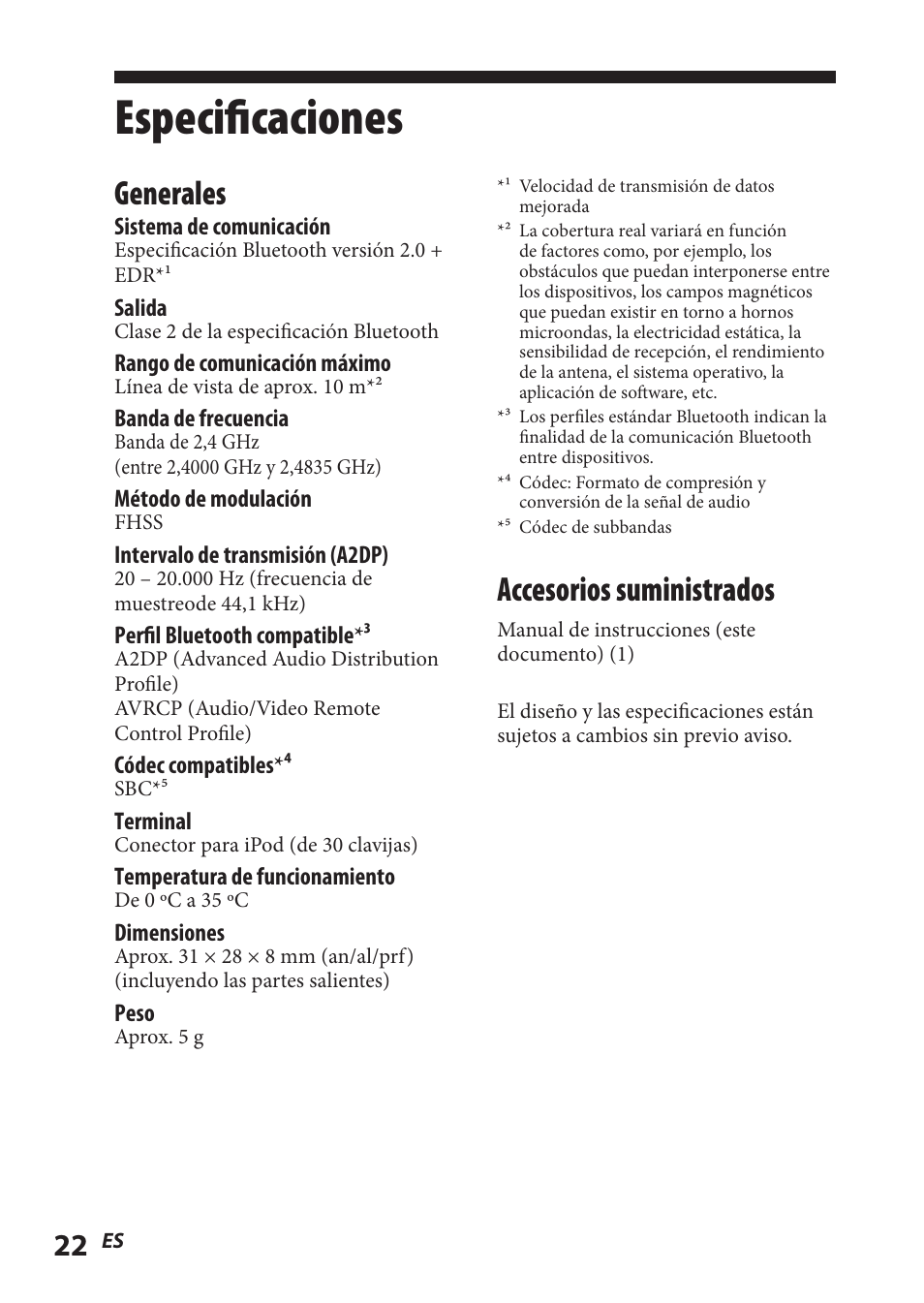 Especificaciones, Accesorios suministrados, Generales | Sony TMR-BT8IP User Manual | Page 66 / 68