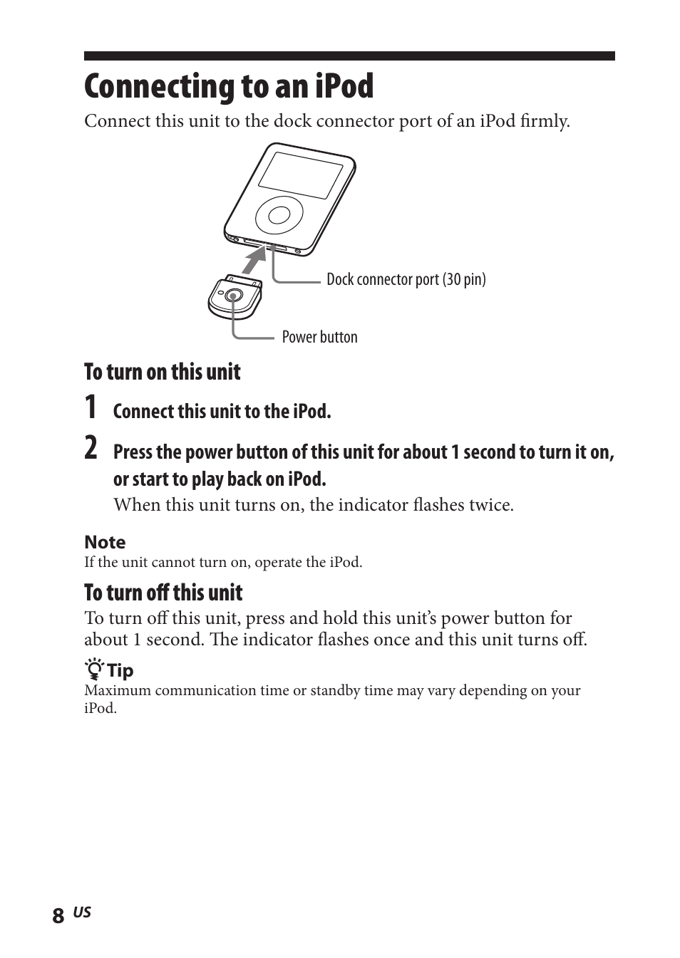 Connecting to an ipod | Sony TMR-BT8IP User Manual | Page 8 / 68