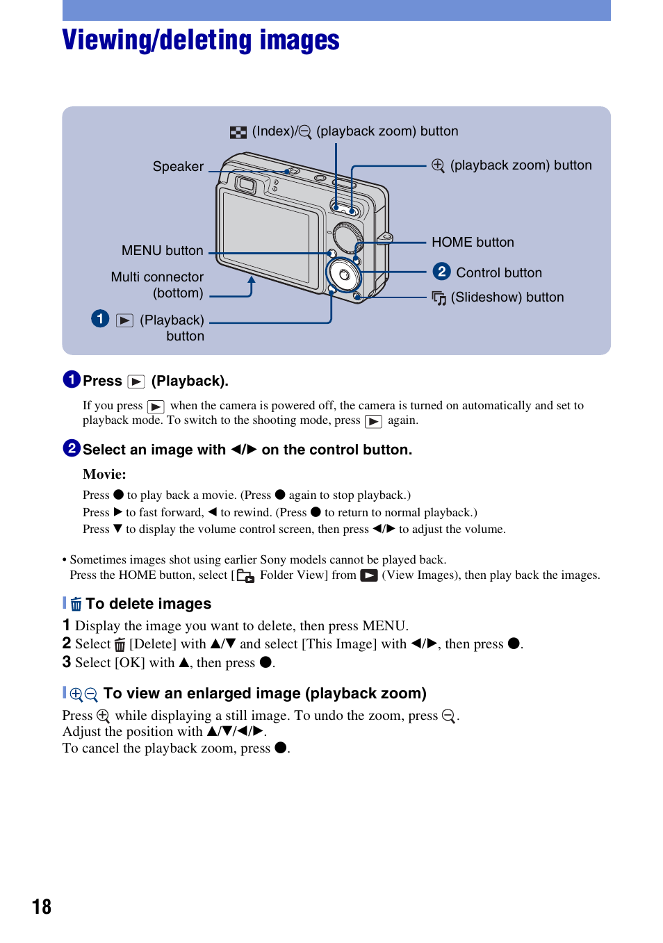 Viewing/deleting images | Sony DSC-W300 User Manual | Page 18 / 76